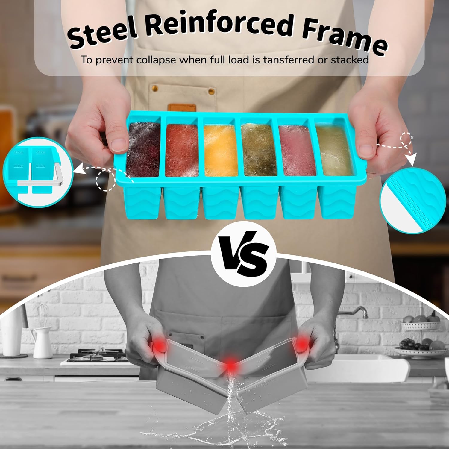 3-Pack Silicone Freezer Trays with Lid,2 Large 2-Cup(500ml)&4 Medium 1-Cup(125ml)&6 Small 1/2-Cup(75ml) Soup Freezer Container Molds,Ice Cube Tray For Meal Prep&Freezing Soup,Stews,Sauces - Image 3