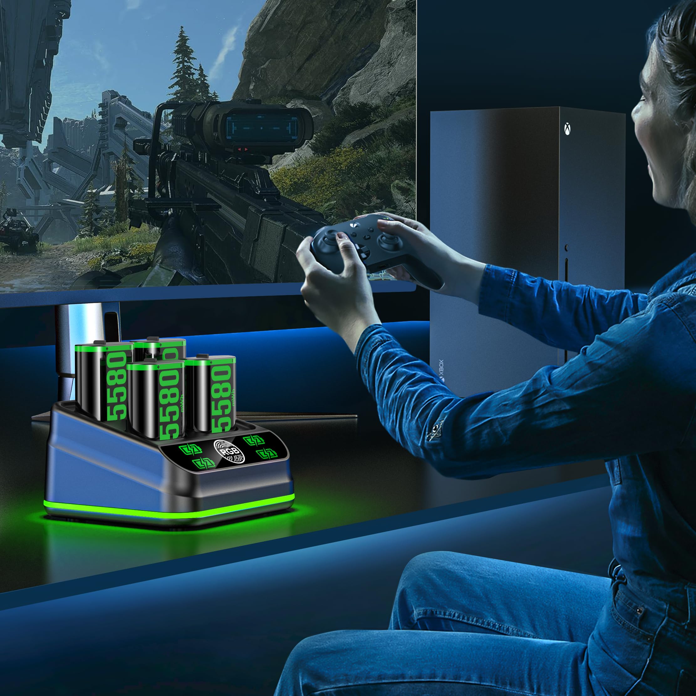 Chargeur avec Batterie Rechargeable 4x5580mWh pour Xbox One/Xbox Series X|S, Batterie de Manette Xbox Series avec Station de Charge LED pour Xbox One/One S/One X/Elite, Kit d'accessoires Xbox