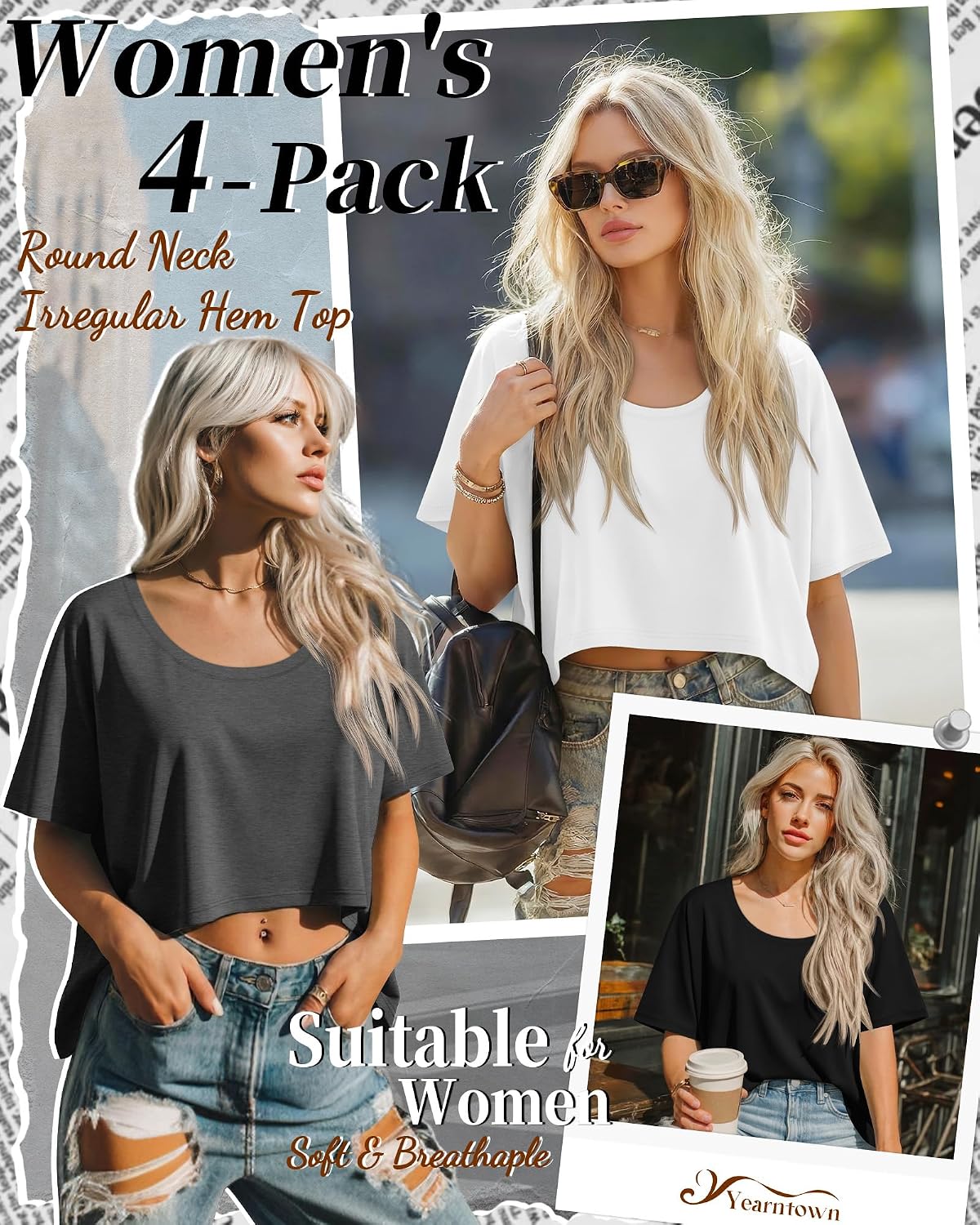 4 Pack Women's Cropped T-Shirts Cotton Loose Short Sleeve Oversized Crop Tops Boxy Summer Irregular Hem Baggy Tees