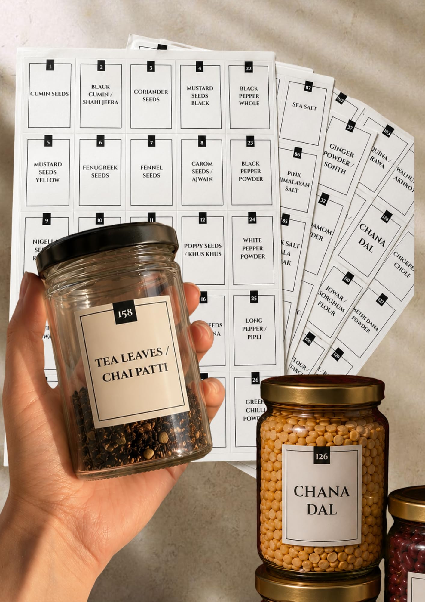 Kolorprint 219 Indian Pantry Labels | Pre-Printed Spice Pulses Grains Beverages Jar Stickers | Waterproof Vinyl 1.4x2 inch | Numbered Jars| Kitchen Organization-image-19