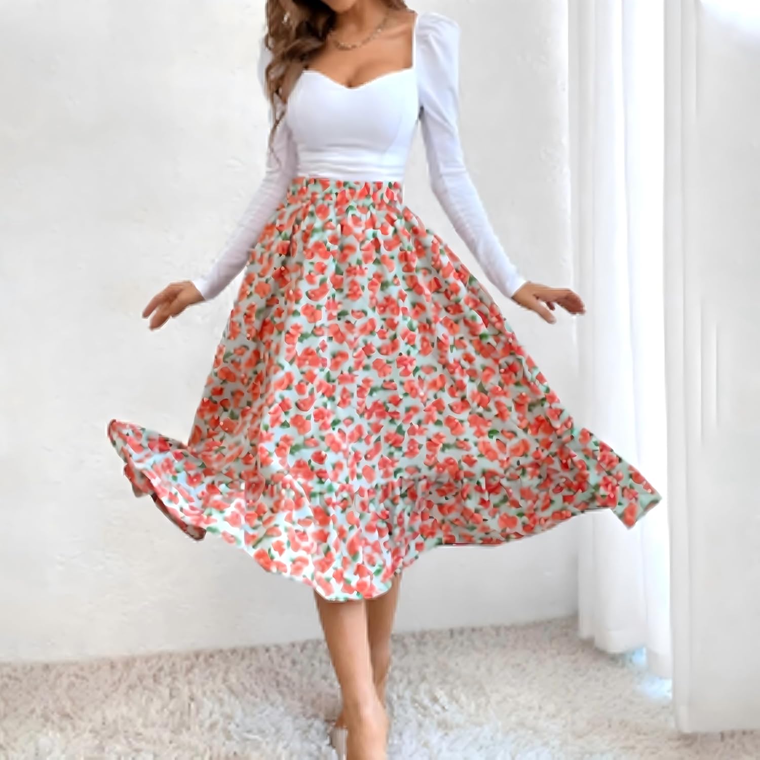 Mirlande Floral Print Ruffles Skirts High Waist A-Line Swing Midi Skirts Pink - Image 4