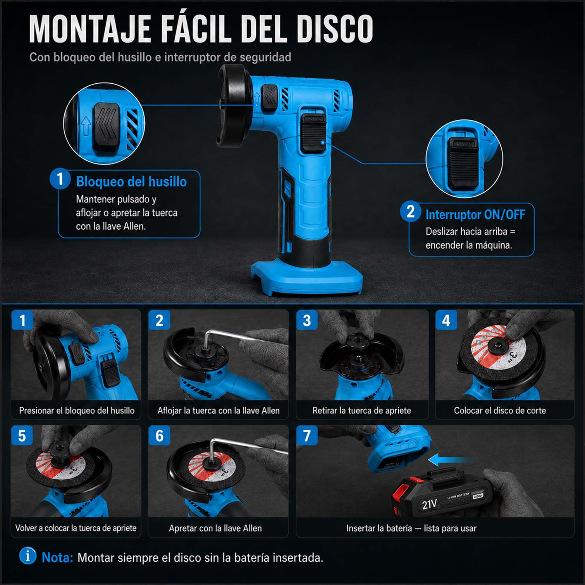 Mini amoladora 21V Max, 76 mm, sin escobillas, 2 baterías, 19.000 rpm | 8 discos para metal, azulejos, madera, plástico y PVC, ideales para cortar, lijar y trabajar distintas superficies.