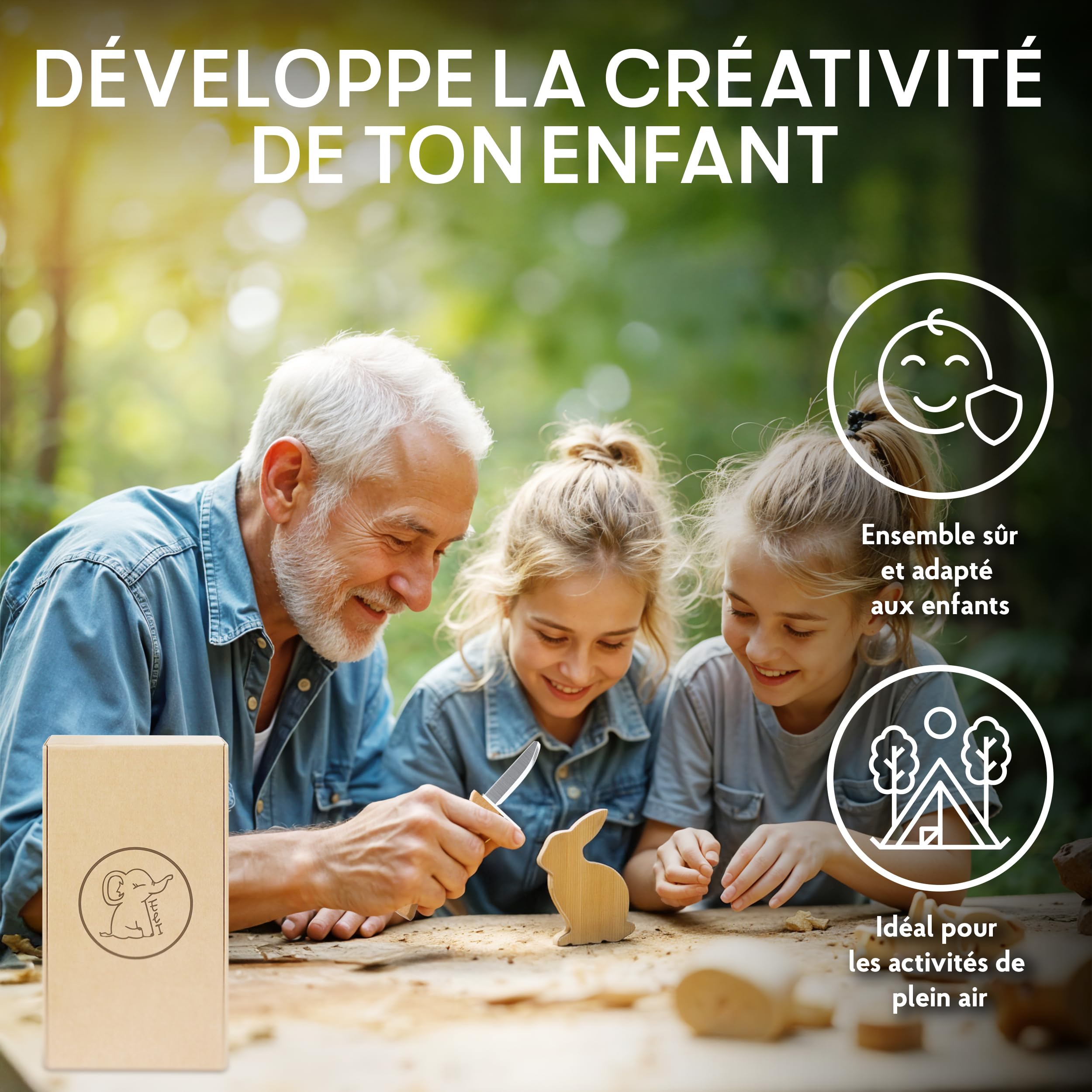 Eli® Couteau de sculpture pour enfant à partir de 6 ans - Avec sac en feutre - Kit de sculpture de qualité supérieure avec gants résistants aux coupures