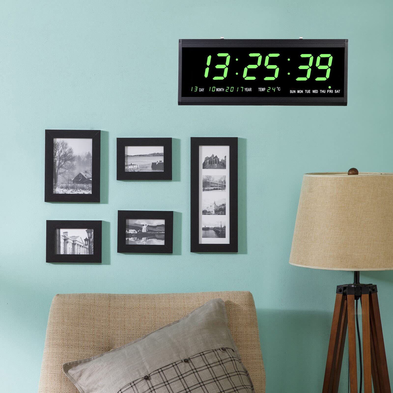 Orologio da parete digitale a LED, per anziani, da tavolo, soggiorno, ufficio, con data e temperatura, 480 x 190 x 30 mm (scritta verde)