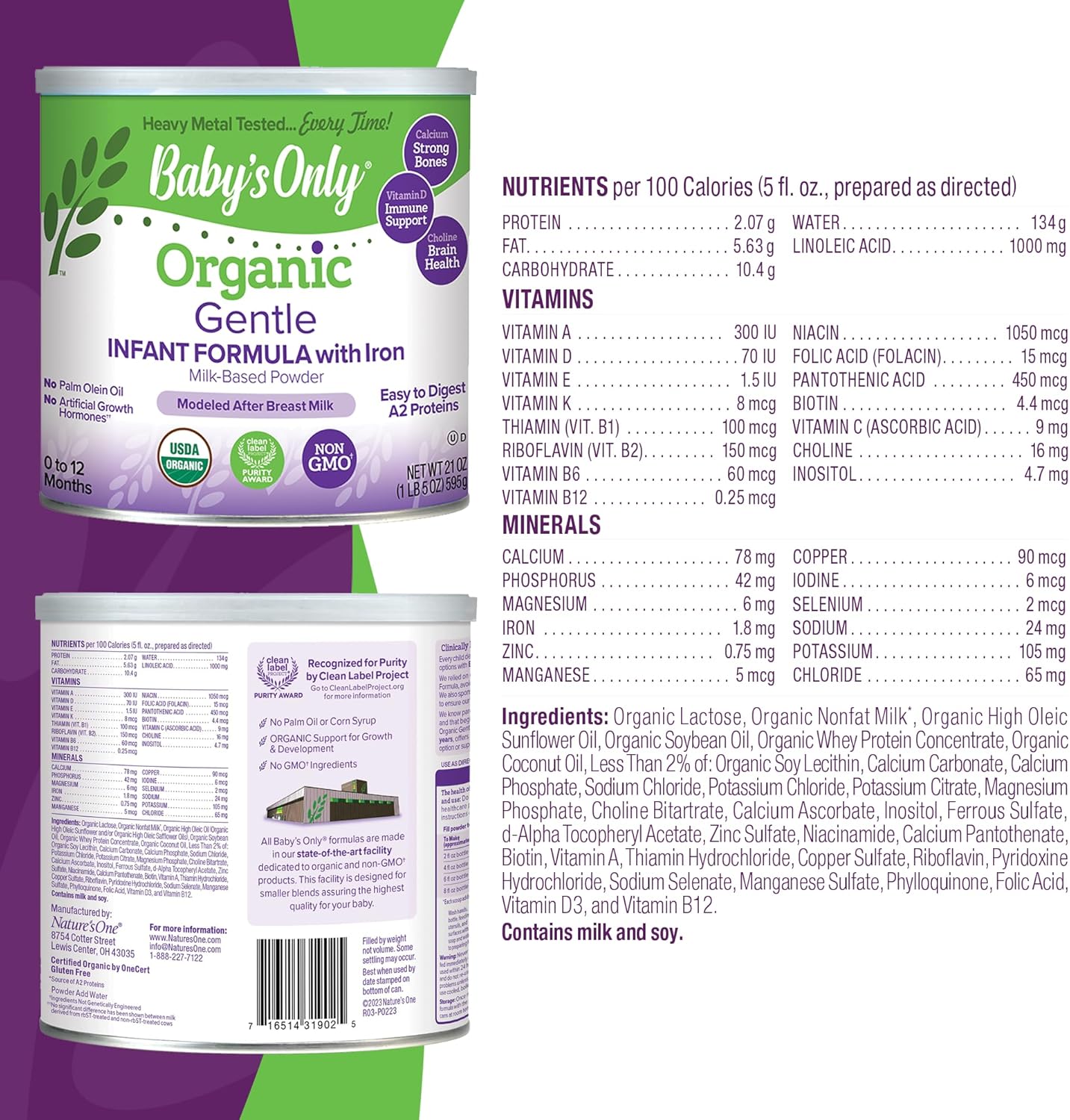 Baby's Only A2 Organic Milk Infant Formula, A2 Milk Based Powder, Organic Baby Formula with A2 Beta-Casein Protein, Iron, Vitamin E, Vitamin D, Easy to Digest, Newborn to 12 Months Old, 21 oz, 1 Pack