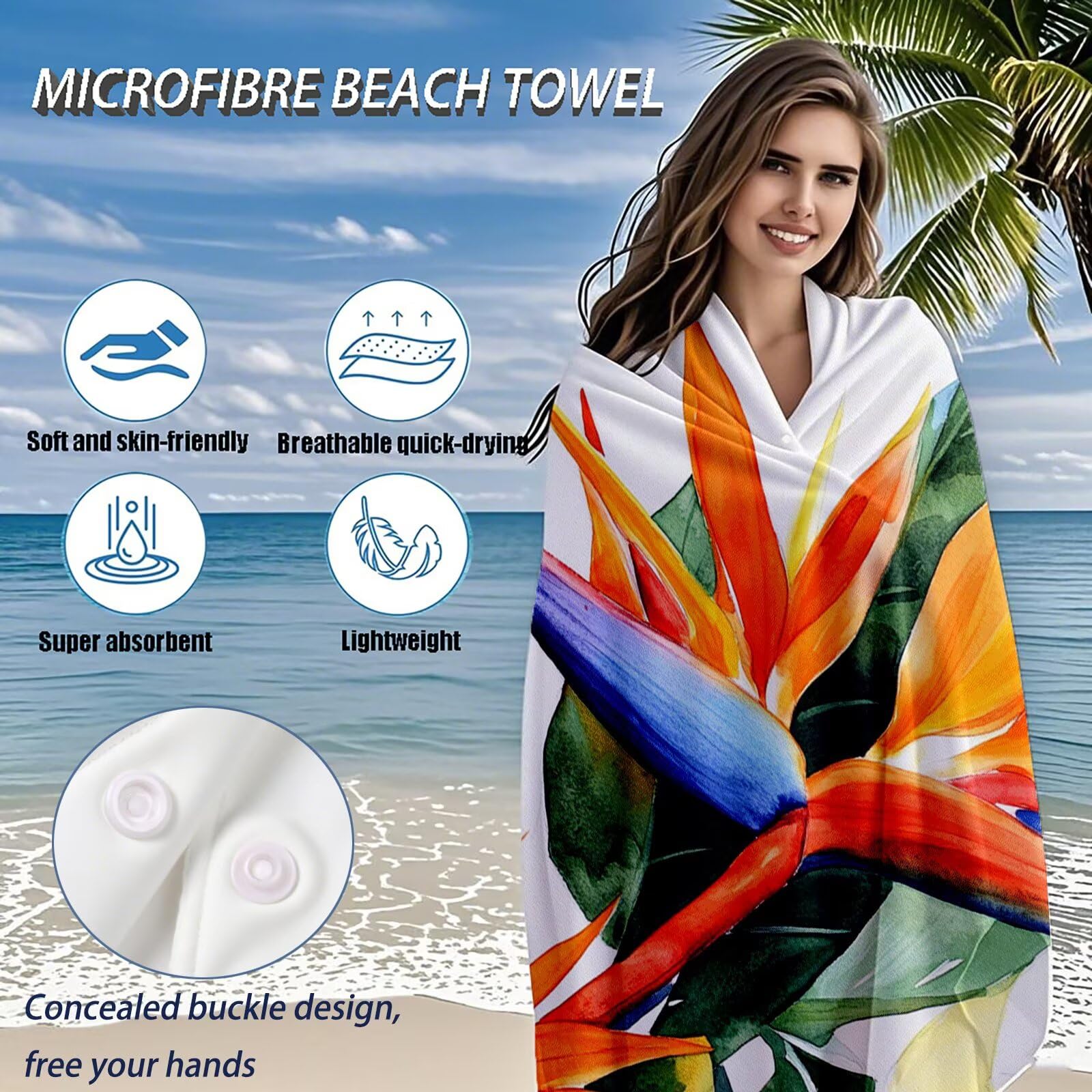Serviette Plage Tropical Motif, Serviette de Plage XXL 90x180 cm avec Sac, Serviettes de Bain Microfibre Séchage Rapide Anti-Sable Absorbante Fonction pour Bain, Sport, Voyages, Sauna, Piscine Q-802