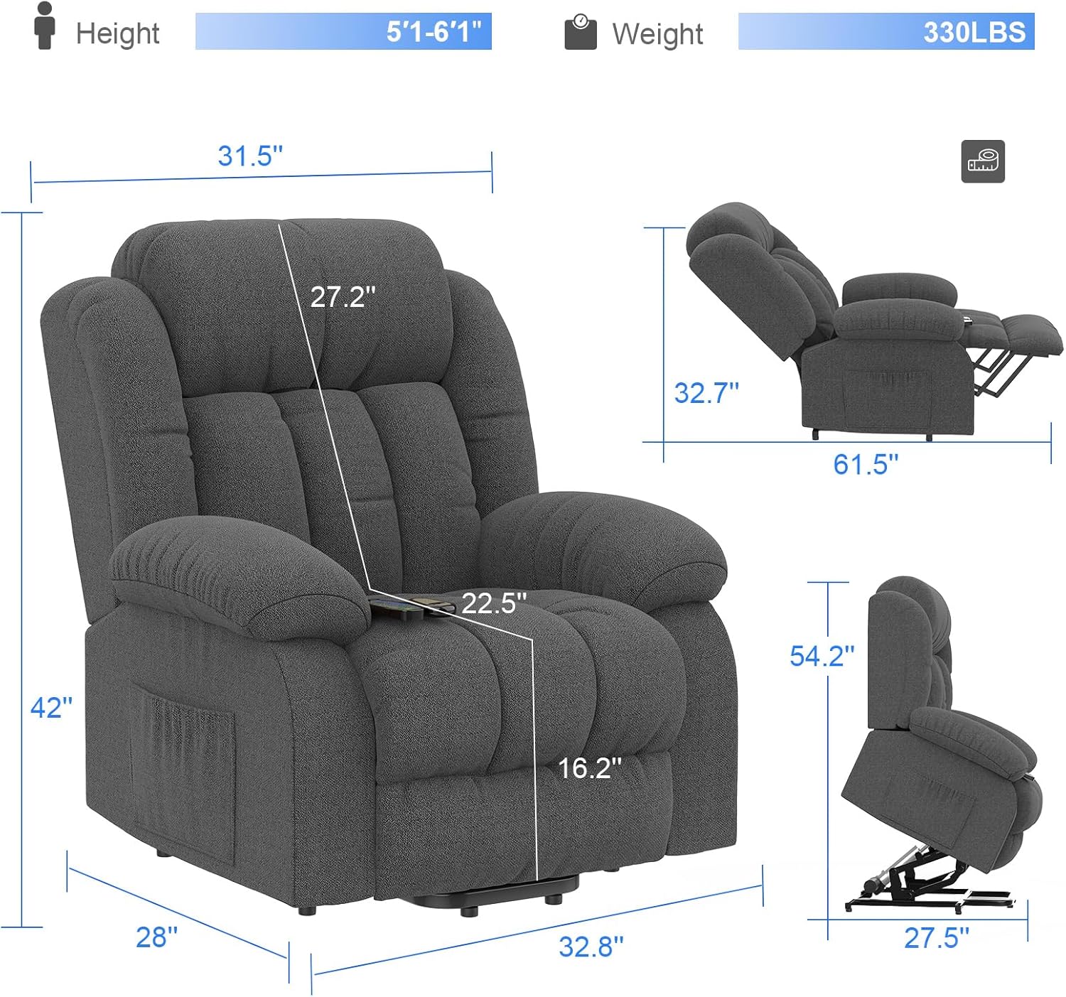 Diagram showing detailed dimensions of the YONISEE Power Lift Recliner, including height, width, depth, seat height, and recline angles.