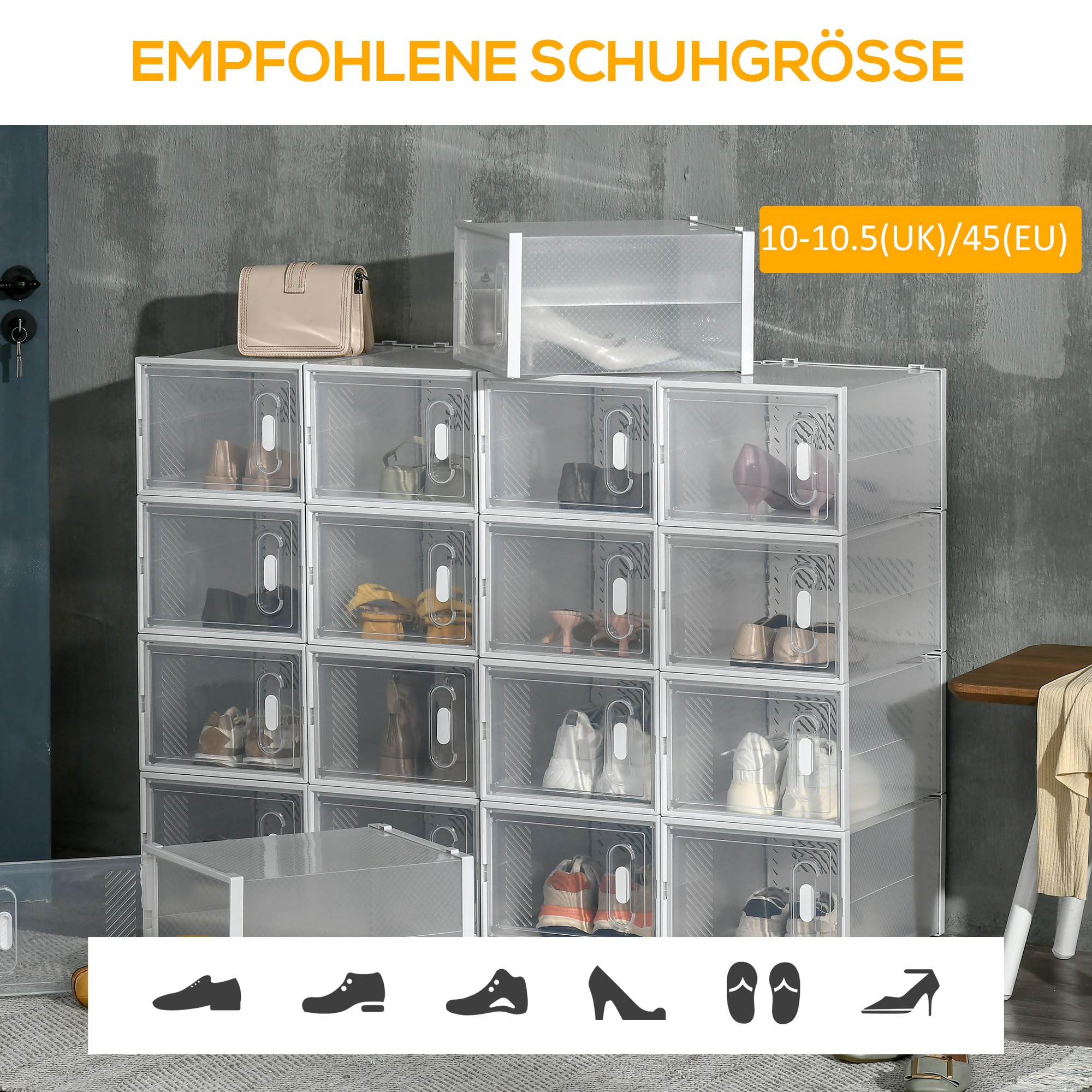 HOMCOM Schuhboxen 18er Set Stapelbar, bis Größe 45, Transparent+Weiß | Schuhkarton, Schuhorganizer, Schuhaufbewahrung, Aufbewahrungsboxen, Schuhschrank, Regalsystem, Transparent Tür