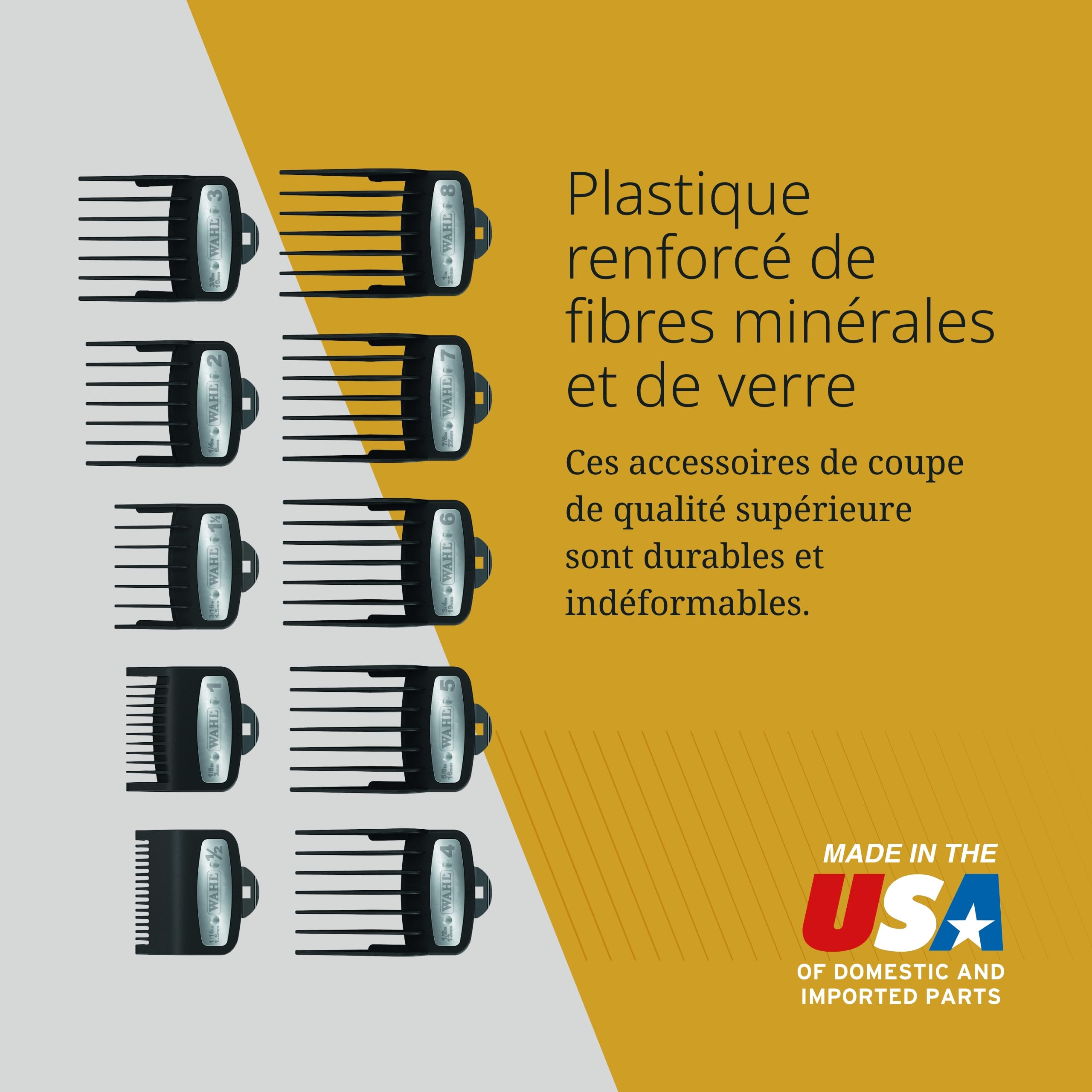 Wahl Guides de coupe Premium avec sac poly - ensemble de peignes de fixation premium, 1,5 mm à 25 mm - Convient pour toutes les tondeuses à cheveux cordonnés Wahl, 10 PCS