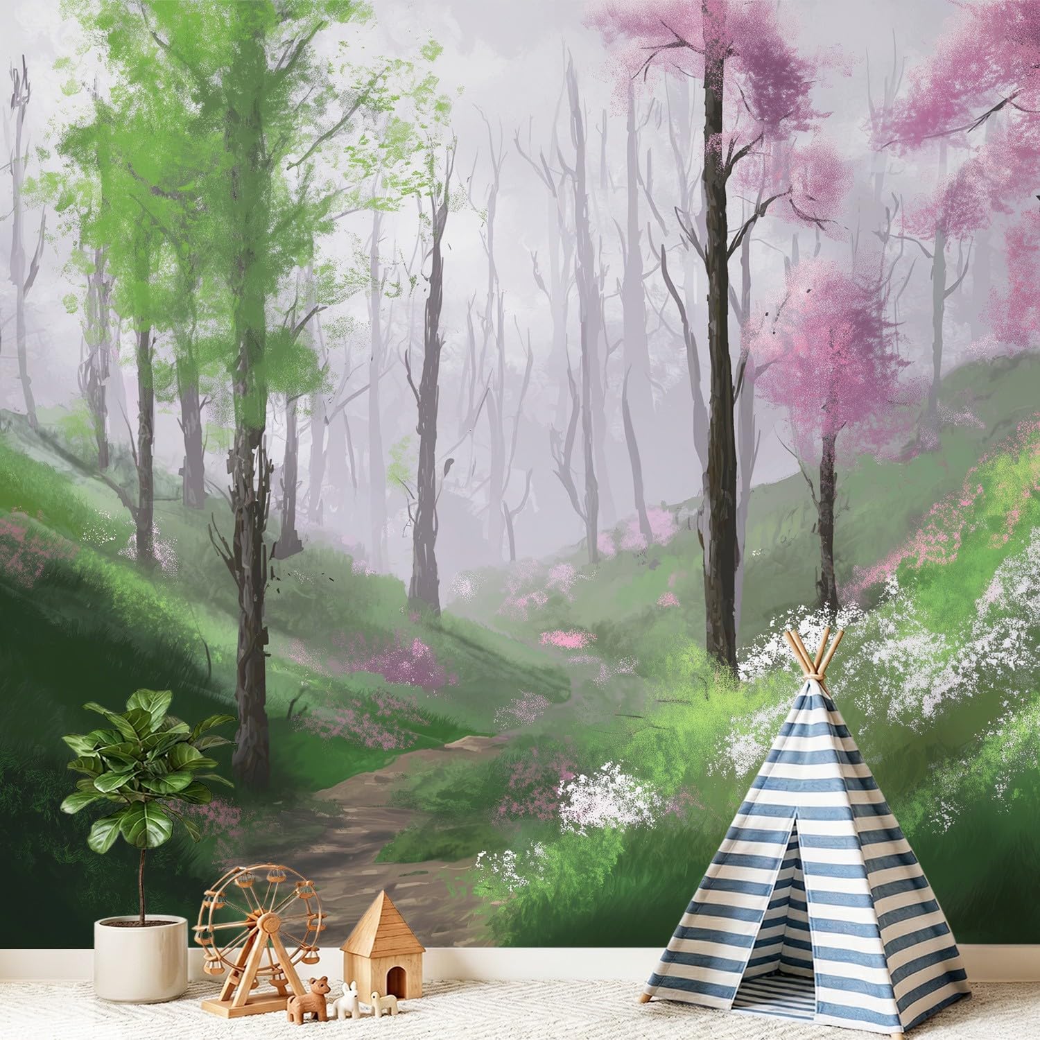 Tapeta 3D, świeża, nordycka, japońska, 400 x 280 cm, mural, drzewo, kwiatowa tapeta mural do sypialni, przedszkola, malowniczego ogrodu