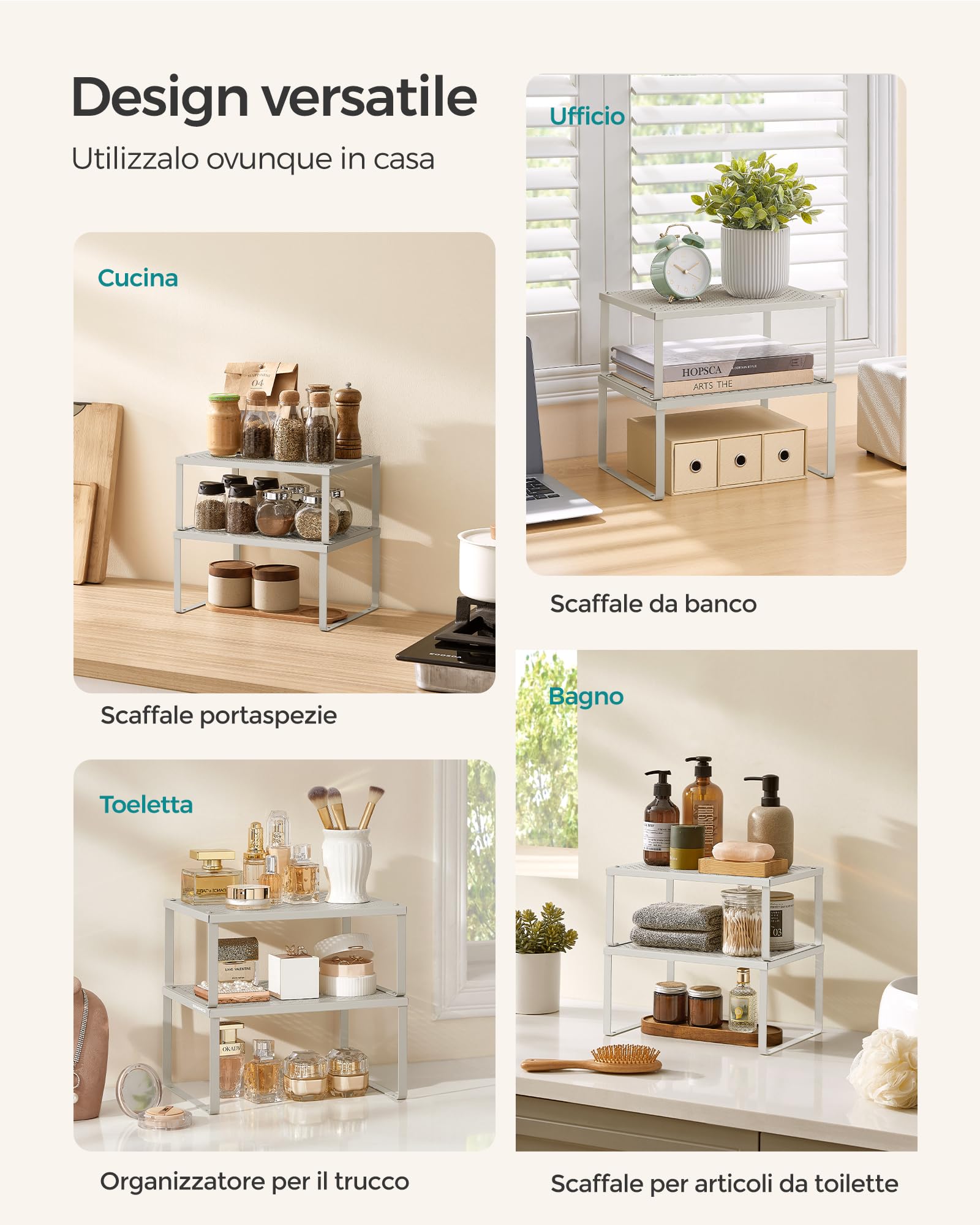 SONGMICS Scaffale Portaspezie, Set di 4 Organizzatori da Cucina Espandibili, Scaffale da Cucina Impilabile, Metallo, Beige Avena KCS006K01