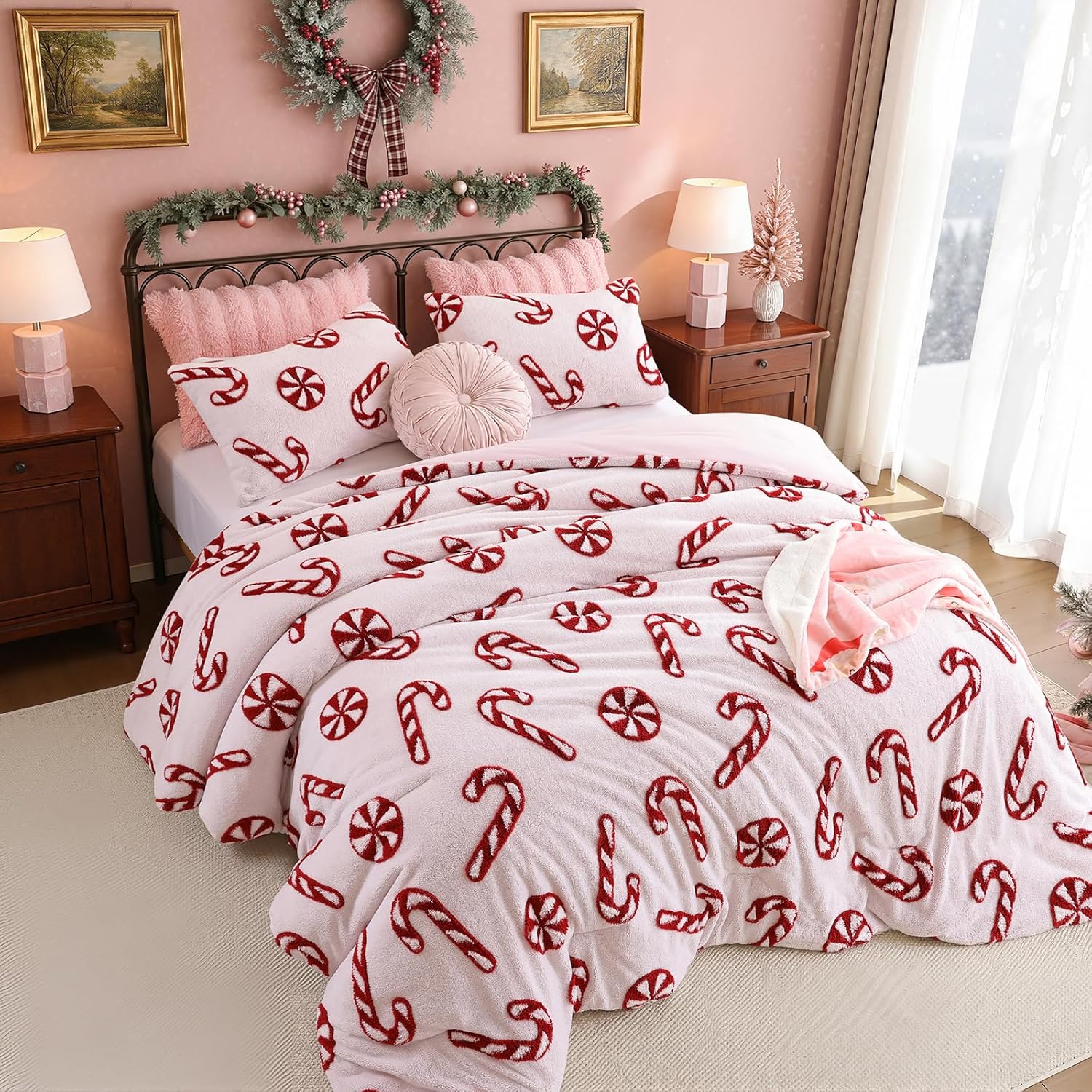 JANZAA Christmas Queen Comforter Set, Light Pink Fleece Comforter with Candycane Pattern,Soft Bedding Set 3 Pieces Fluffy Comforter Set 1 Queen Comforter(90"*90") and 2 Pillowcases (20"*26")