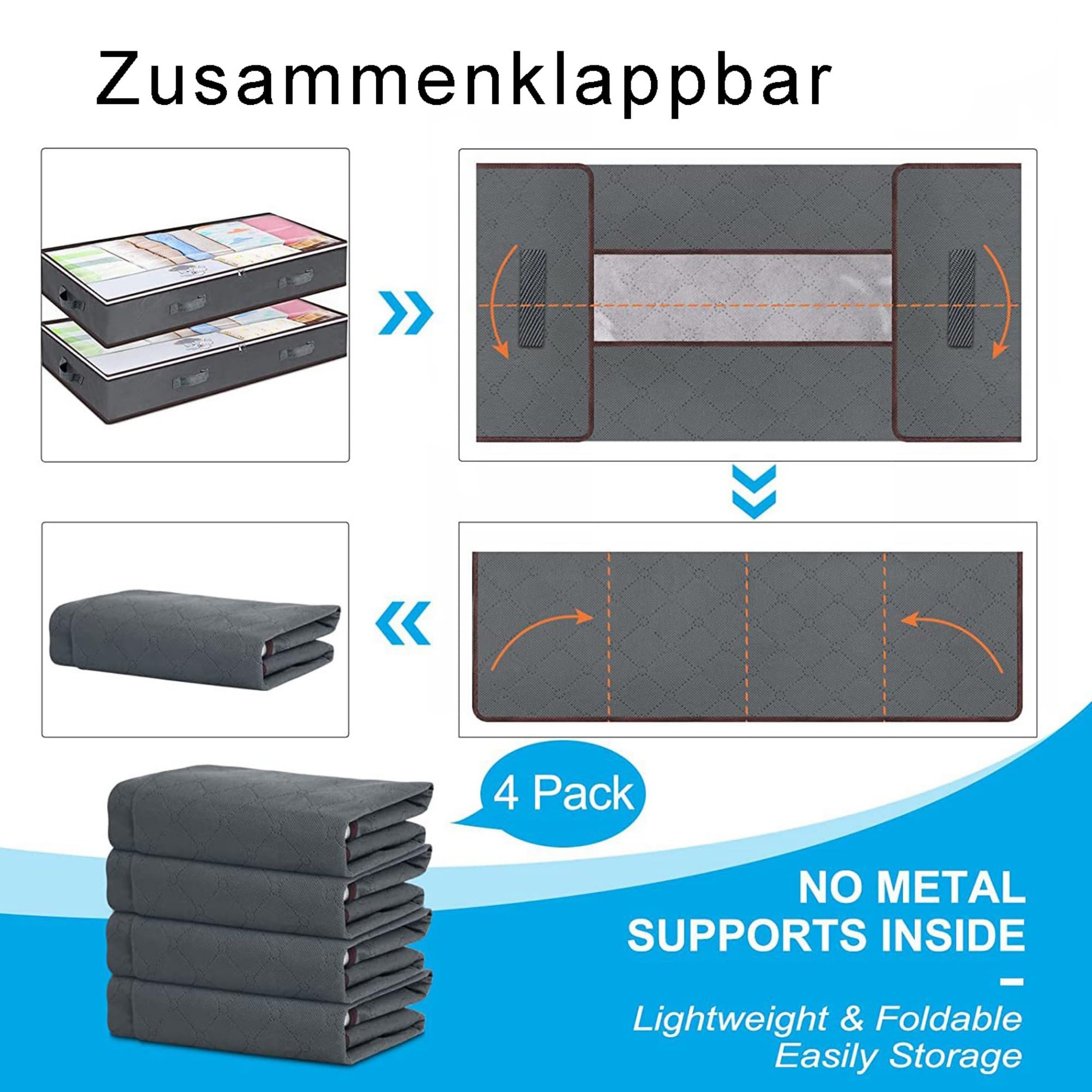 4 Stück Unterbett Aufbewahrungsbox, 100x50x18 cm Aufbewahrungstasche, mit Deckel und Reißverschluss, Unterbettkommode für Kleidung Decken Bettdecken (Schwarz)