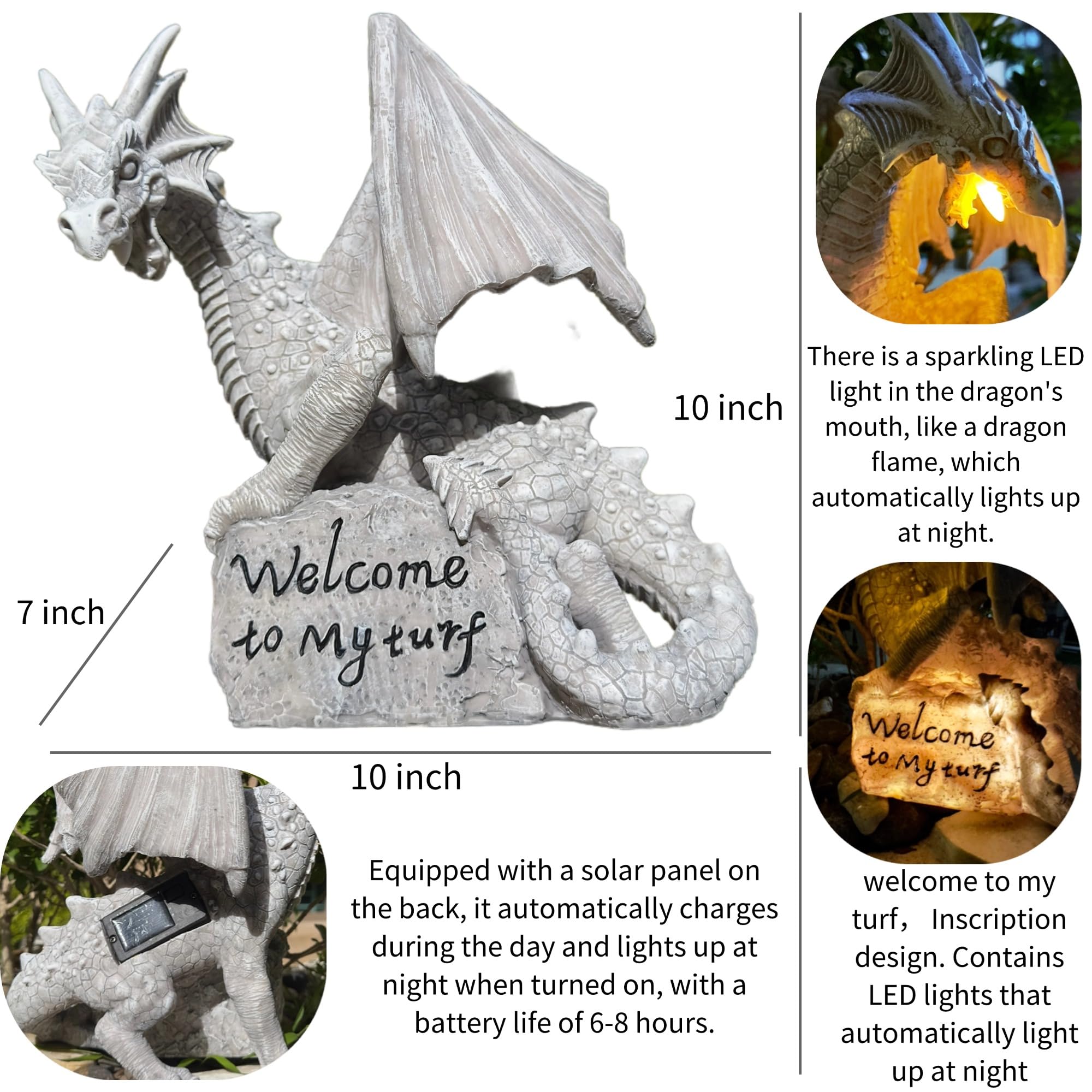Estatua de dragón grande de jardín, funciona con energía solar, decoración de luz para exteriores con letrero de bienvenida a mi césped, escultura de resina, decoración del hogar, adorno de