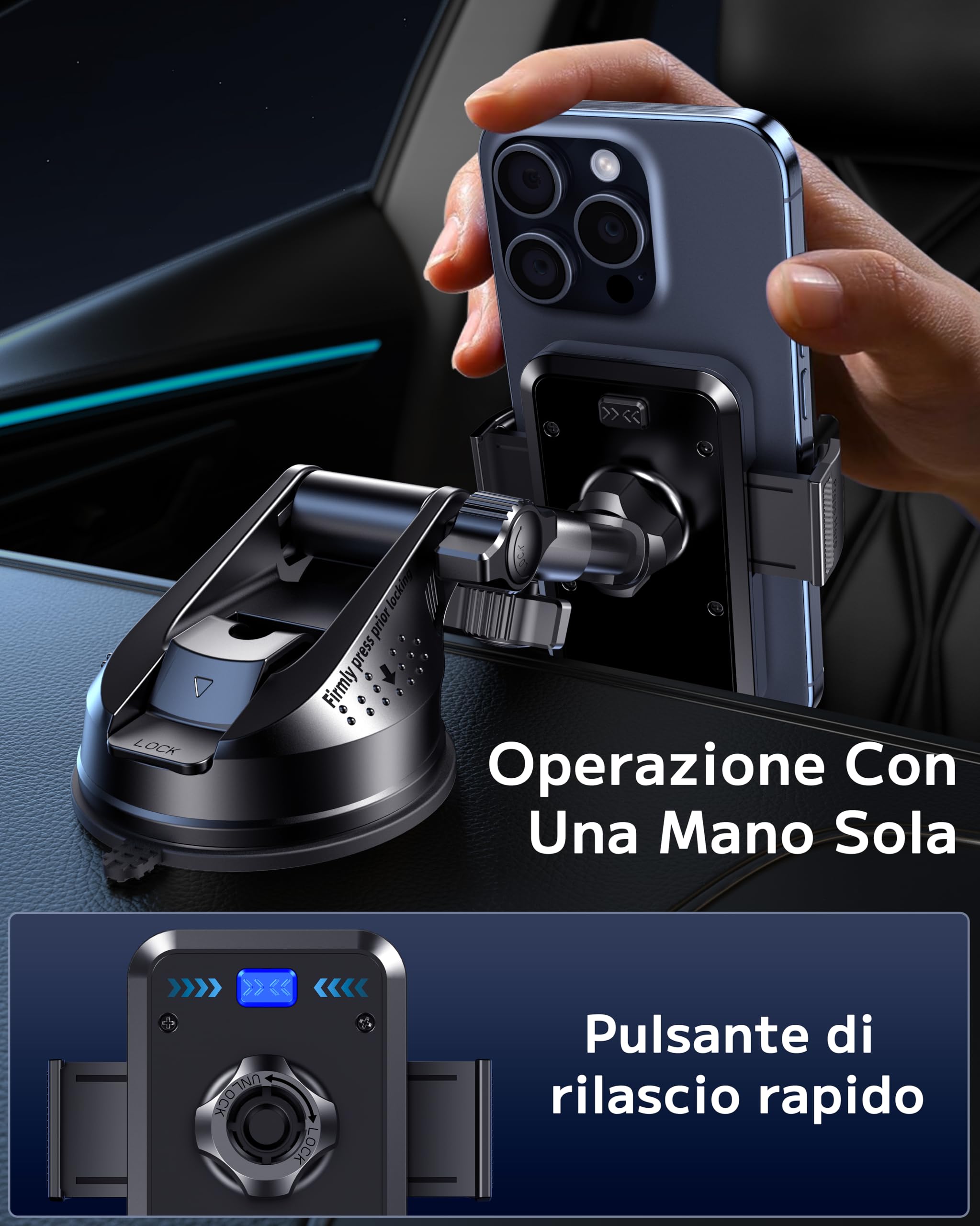 BIPOPIBO Porta Cellulare Auto, [Super potenza di aspirazione] Portacellulare Per Auto Cruscotto Supporto Telefono Auto 360°di Rotazione Braccio Estensibile Porta Telefono Auto per Smartphones