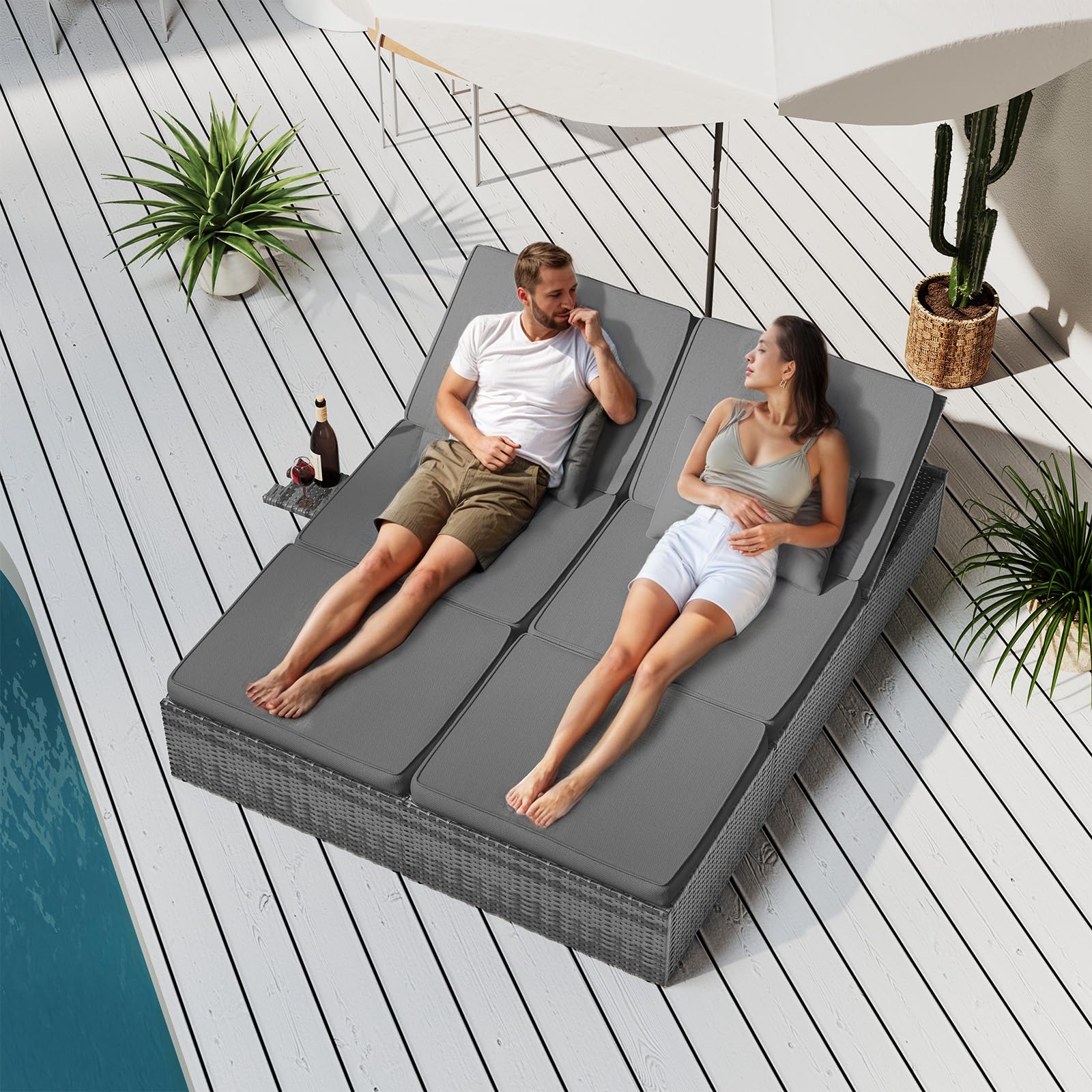 Amopatio Sonnenliege 2 Personen mit Klapptisch, XXL Wetterfest Gartenliege 200kg Belastbar, 200x160x30cm Rattan Doppelliege Gartenlounge Liegestuhl Verstellbar für Garten, Balkon & Terrasse, Grey