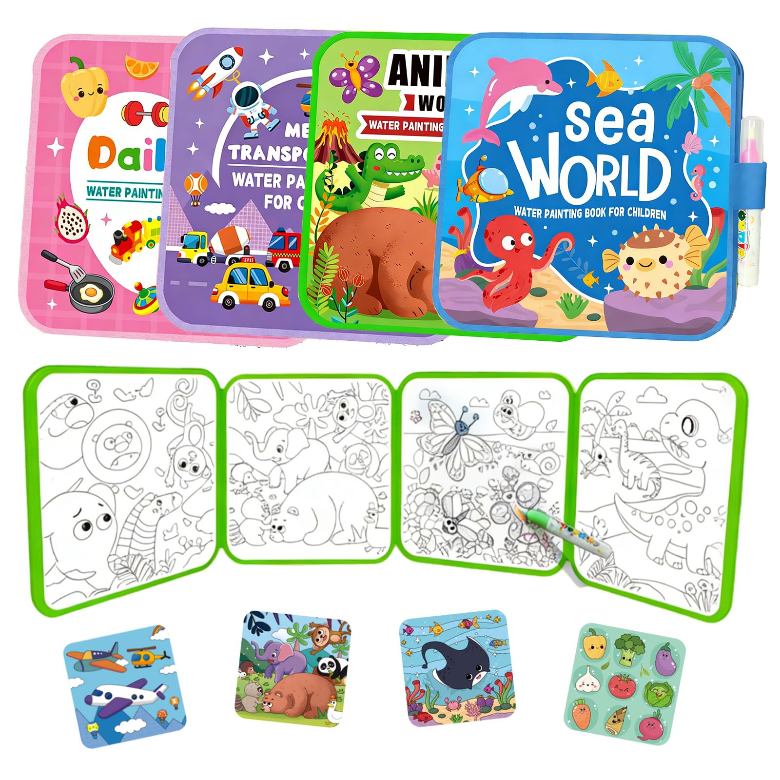 4 Pcs Mess Free Water Painting Book Reusable Coloring Book with Water Pens for Kids Magic Water Drawing Kit with Animal Transportation Daily Life Patterns Aqua Art Sensory Educational Painting Toy