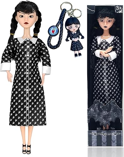 Muñeca Addams de 11.5 pulgadas, vestido negro, tacones altos y cabello, decoración de Navidad, regalo perfecto de juguete de Navidad para niñas y