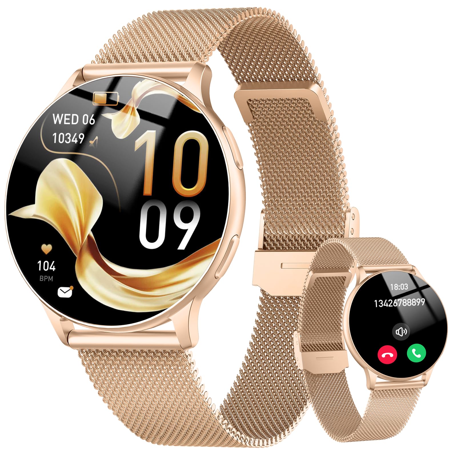 Smartwatch Damen, 1,32" AMOLED Rund Uhr mit Telefonfunktion Roségold