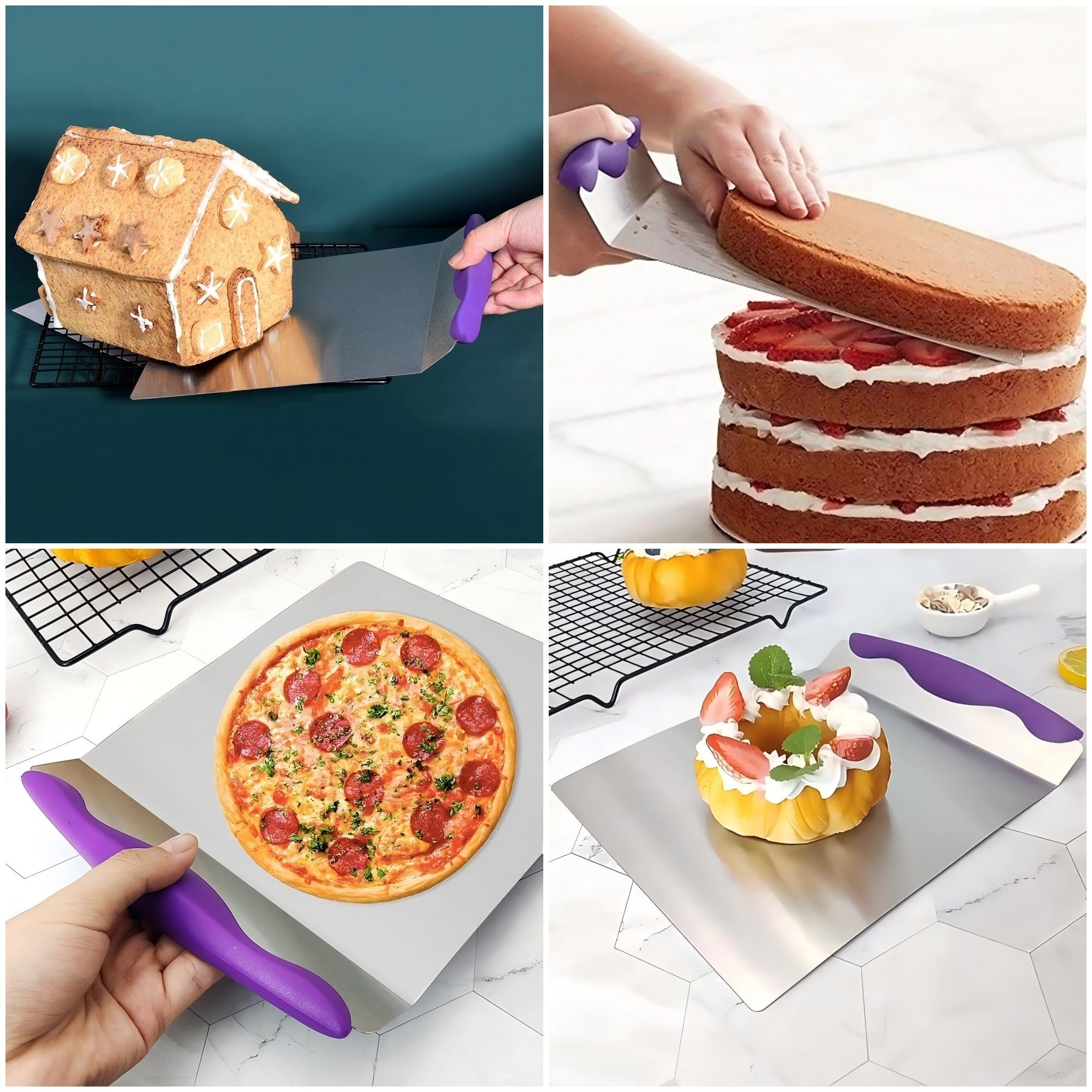 Levantador de pasteles de acero inoxidable y pala de transferencia de pizza, herramienta de hornear de 12 pulgadas para pastelería, espátula de galletas con mango antideslizante, esenciales para 7