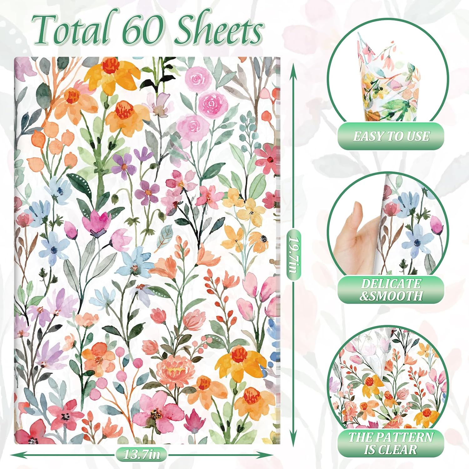 60 Sheets Wildflower Tissue Paper, 20x14’’ Watercolor Floral Gift Wrapping Paper for Spring Birthday Wedding Baby Shower Party Decor