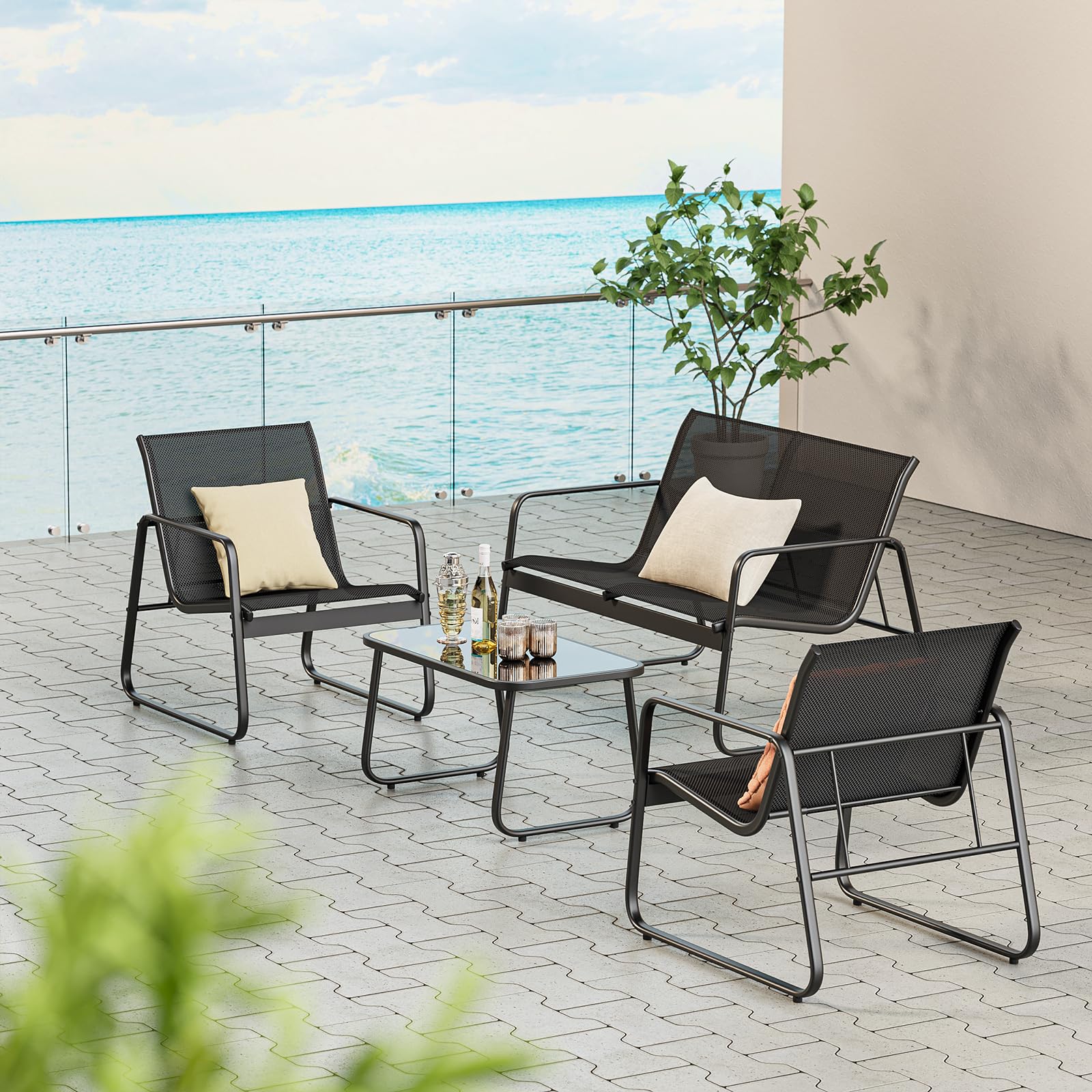 Bealife Conjunto de Muebles de jardín de 4 Piezas, Conjunto de Patio de Tela Teslin, Incluye 3 sillones y 1 Mesa de Vidrio, Adecuado para Patios, Jardines y Espacios al Aire Libre (Negro)
