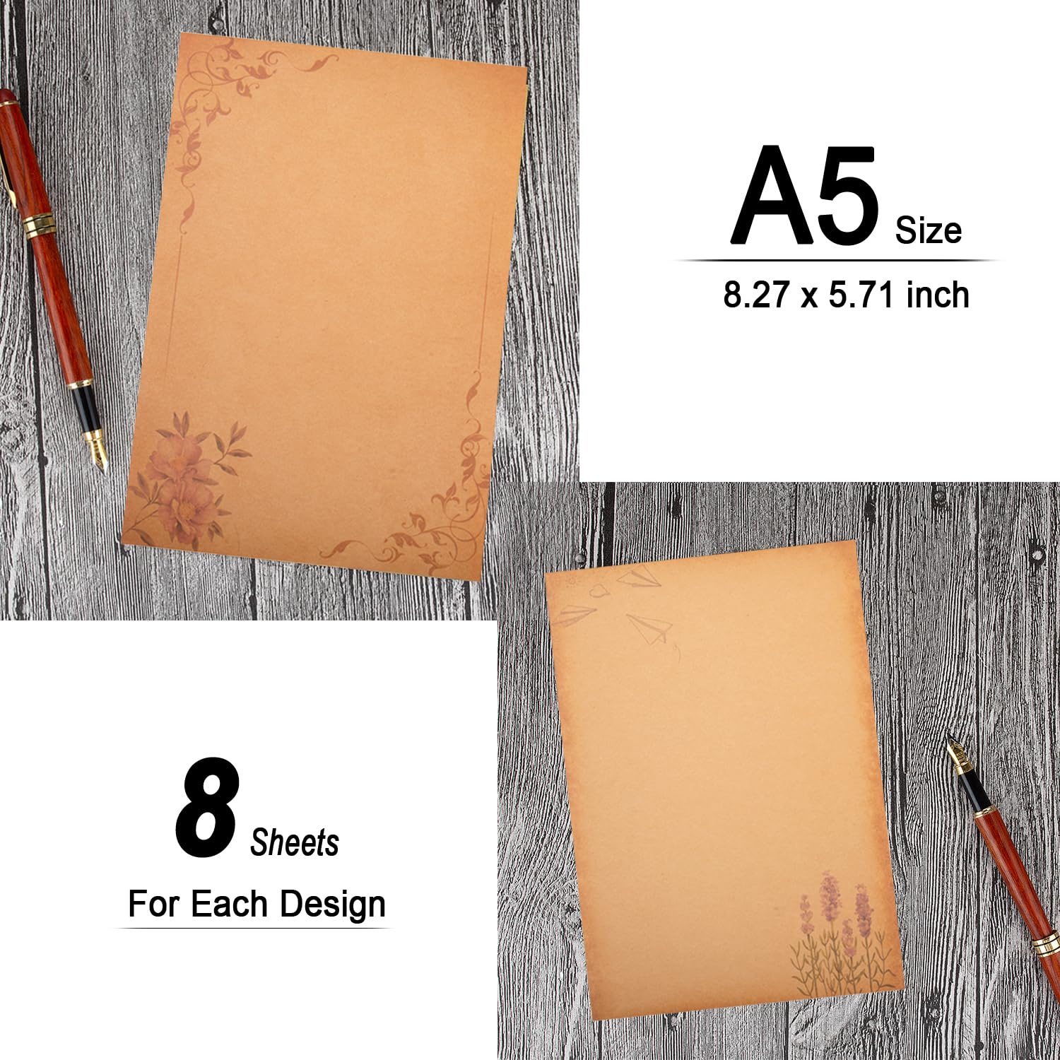 64 piezas de papel de papelería de 8 estilos, 5.7 x 8.3 pulgadas, tamaño A5, impresión floral vintage, retro, papel de escritura en blanco para cartas personalizadas antiguas, notas y poemas