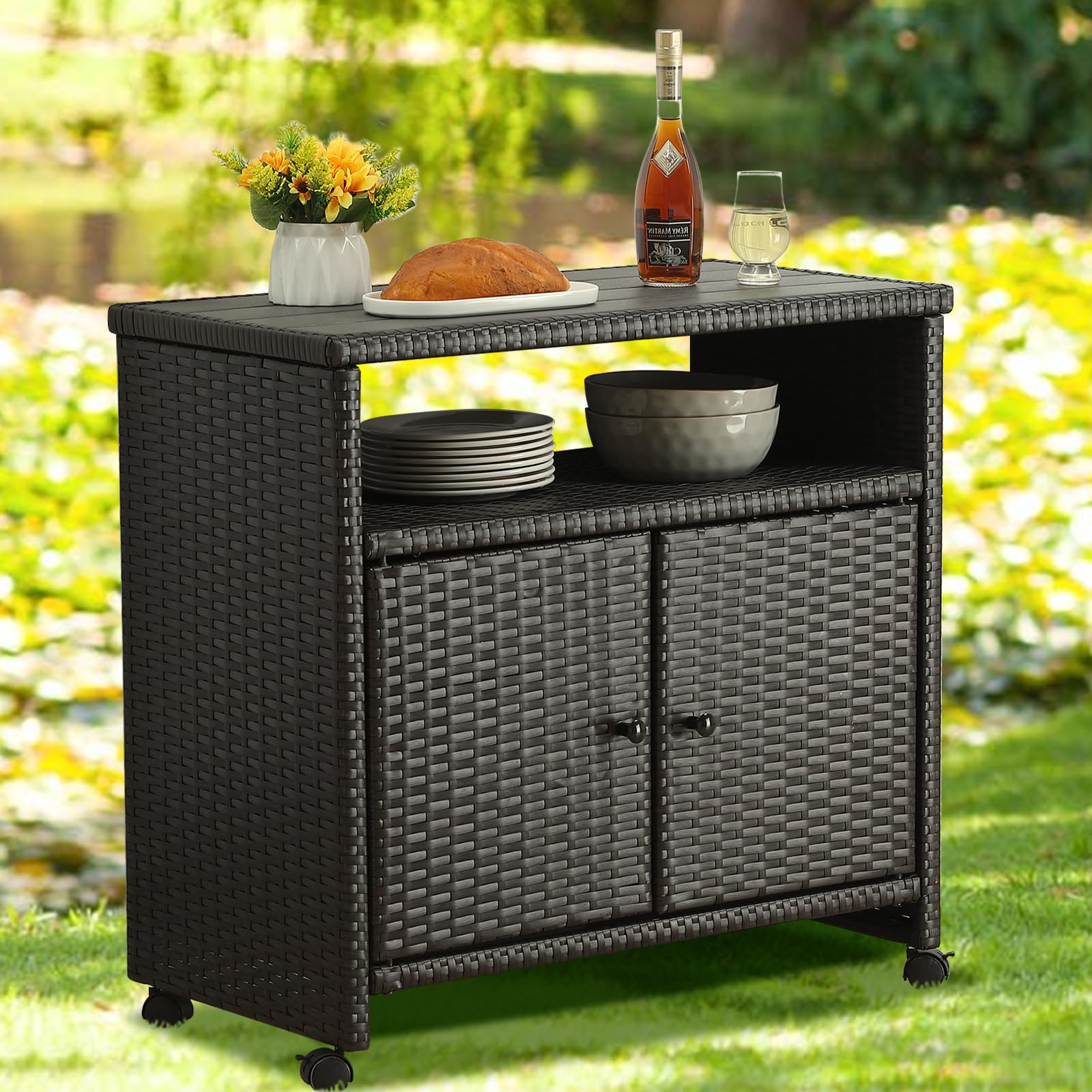 Outdoor Wicker Storage Cabinet Patio Bar Table With Wheel Outdoor