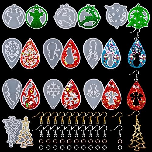 216 moldes de resina para aretes de Navidad, moldes de polímero para aretes de copo de nieve, muñeco de nieve, árbol de Navidad, molde de fondant,