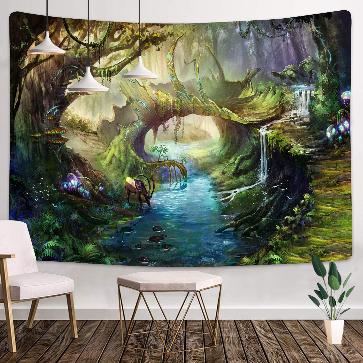 MEETSIOY Natural Landscape Tapestry 93x71 Inches Fantasy Forest Tapestry Deer Drinking Water by The 