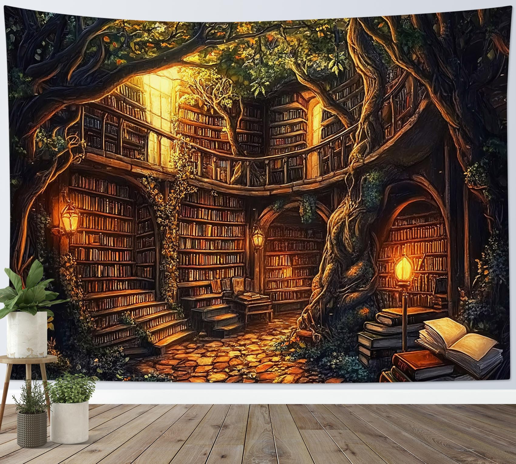 LB Vintage Library Tapestry Wall Hanging Brown Books on Tree Bookshelf Wall Decor for Living Room Bedroom Home Office,92x70 inch โ image 1