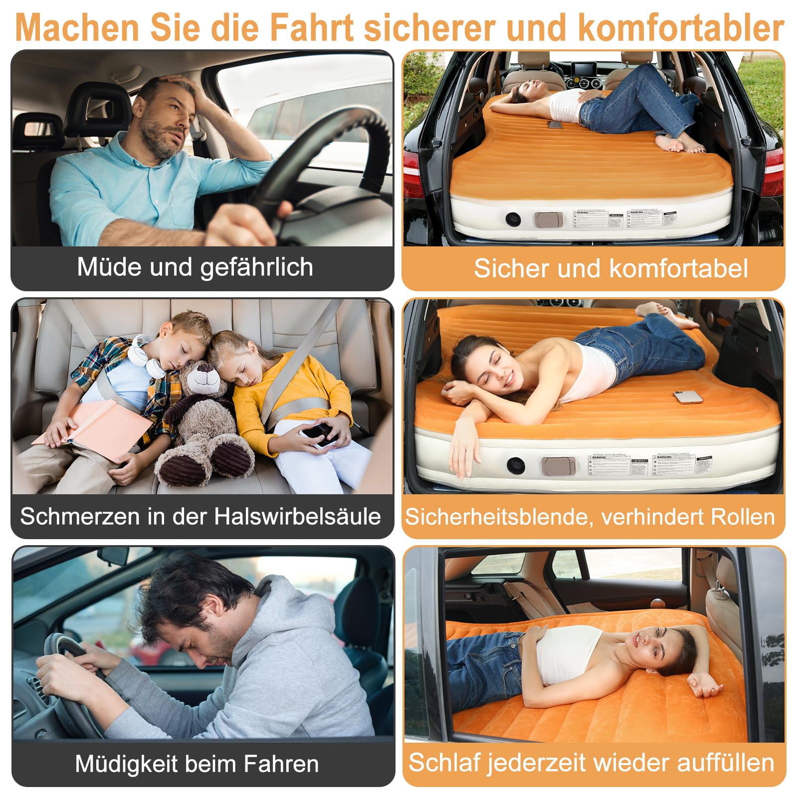 KMZ SUV-Luftmatratze mit eingebauter Pumpe und 2 Kissen, Dickes flockiertes PVC, schnelle 90-Sekunden-Inflation, tragbare und langlebige Auto-Luftmatratze für Camping, Reisen, LKW