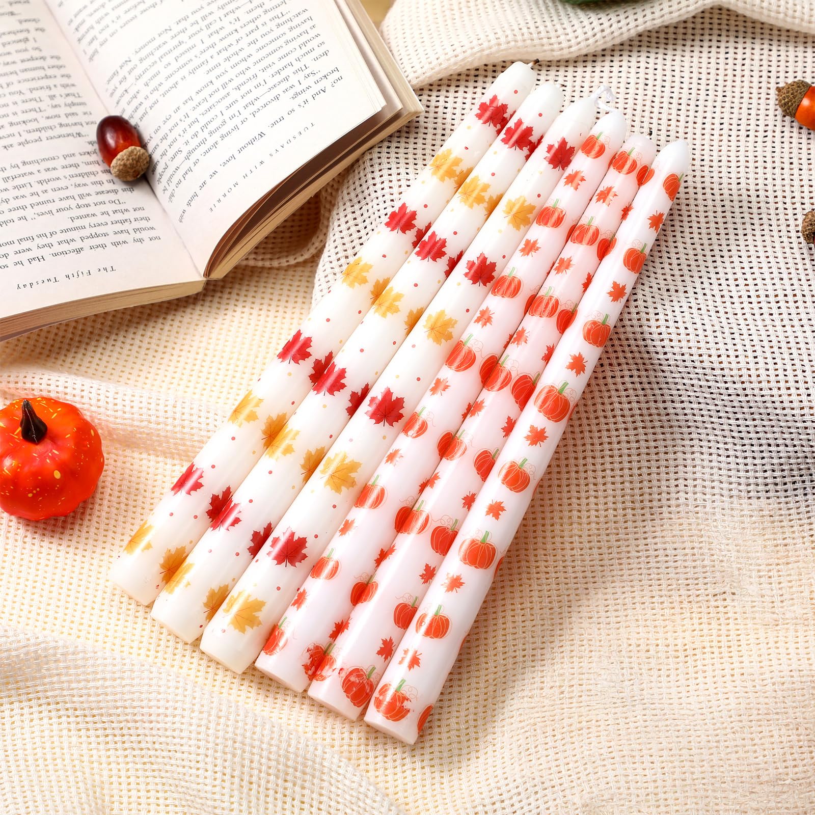 Threlaco 12 Pcs Fall Taper Candles 10 Inch Tall Unscented Candle Sticks Pumpkin Maple Leaf Thanksgiving Decorative Candle Set Autumn Gifts Holiday Decor for Dinner Table Home Thanksgiving Party Decor