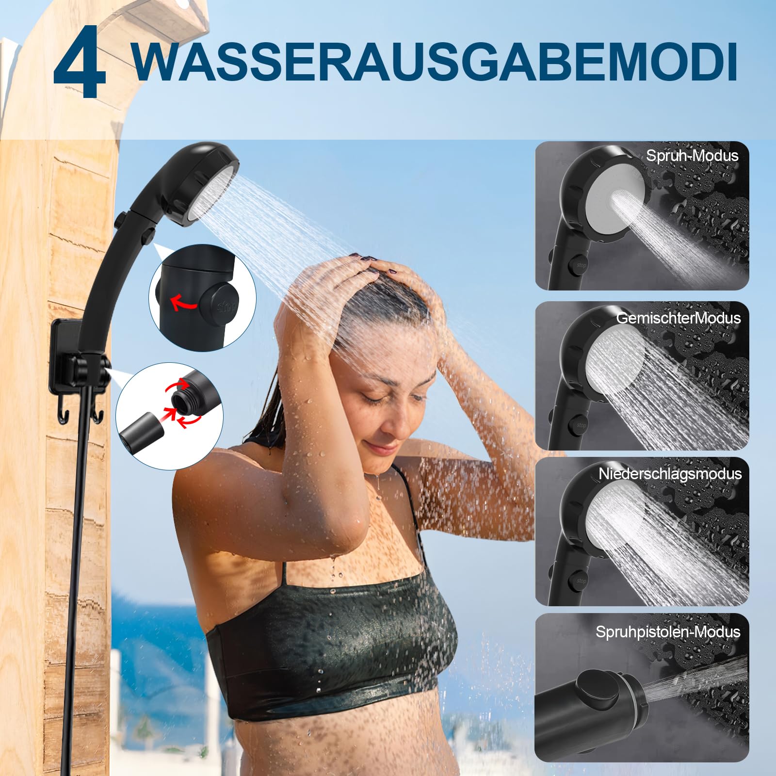 Doccia da Campeggio Portatile, Pompa Doccia da Campeggio con Batteria Ricaricabile 6000mAh e indicatore della Temperatura, Testa Doccia Multifunzionale e Tubo 2M, cestiera Pieghevole da 20L