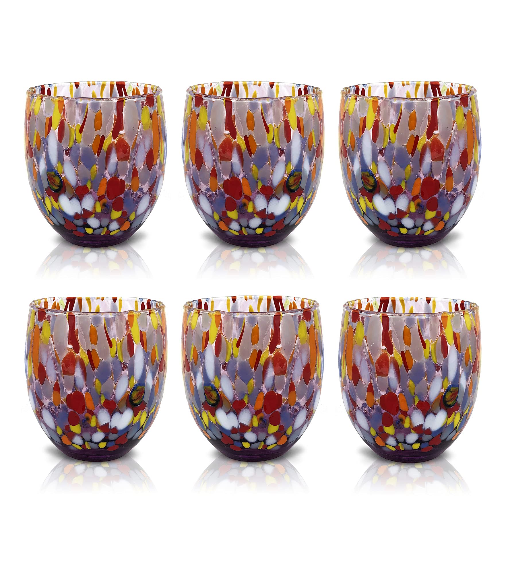 MAZZEGA ART DESIGN - Set of 6 Handcrafted Blown Glass Water Glasses with Refined and Original Murano Murrine
