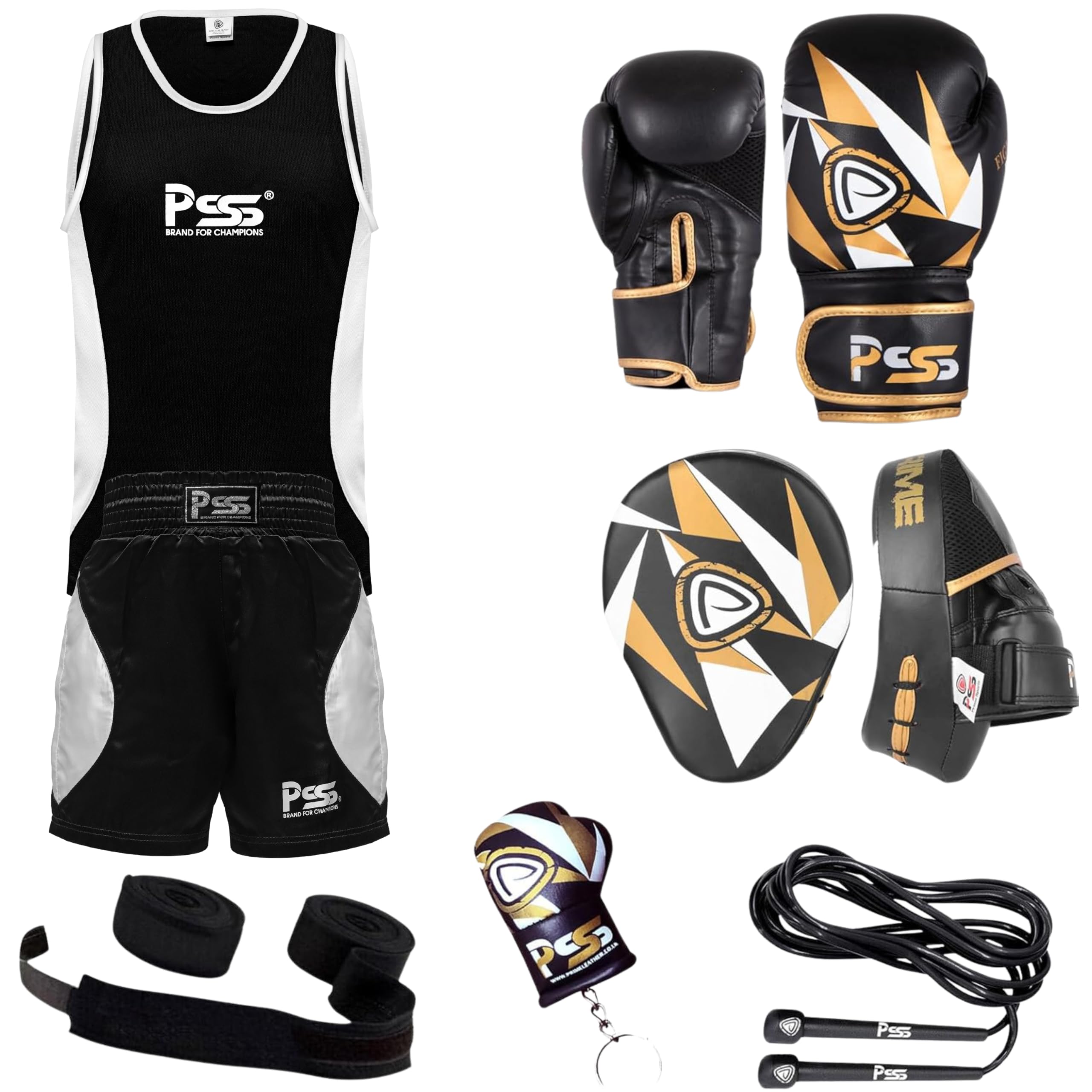 PRIME KID BOXING UNIFORM TOP & SHORT + KIDS BOXING GLOVES 6 OZ BLACK WHITE (1001) WITH FOCUS PAD BLACK WHITE 1104 (Boxing Gloves (1001) Focus Pad (1104), Uniform 3-4 Years)