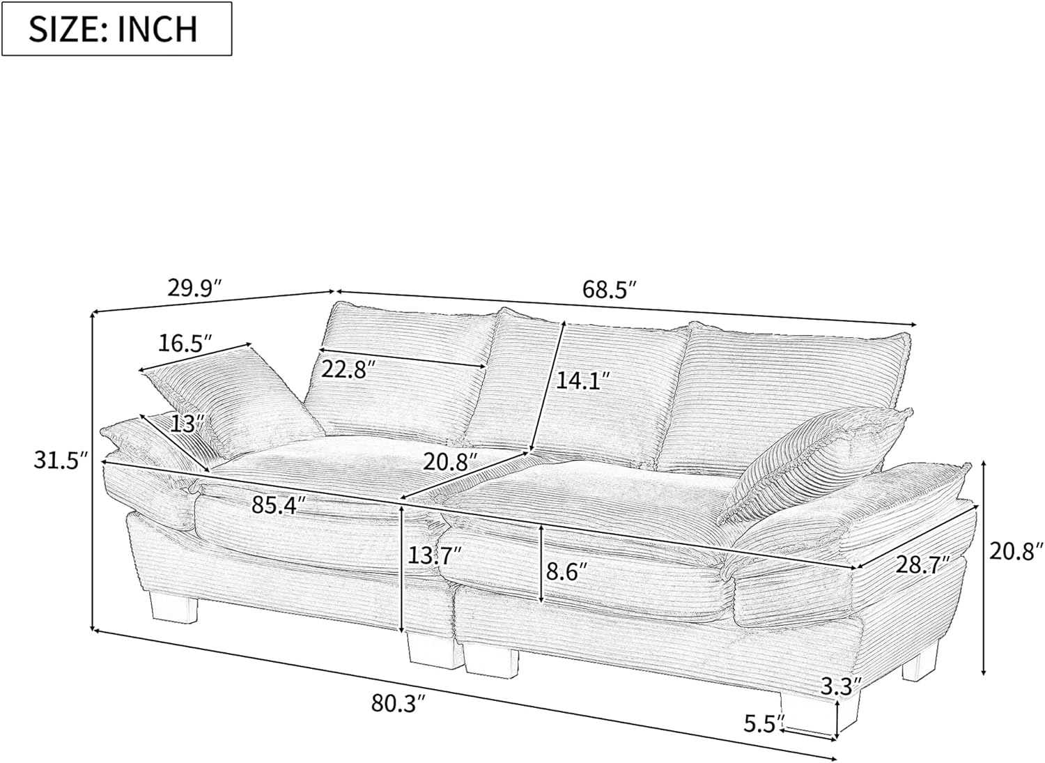 85.4" U-Shaped Curved Sofa, Modern Futon Design,Upholstered Loveseat with 2 Throw Pillows, Corduroy Fabric Couch for Living Room, Bedroom, Apartment (Dark Green)