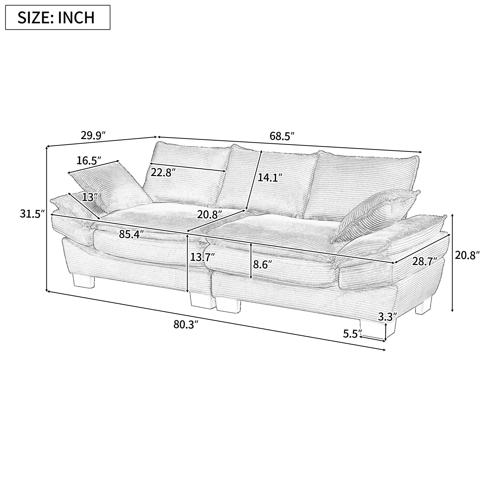 Sofá moderno de tela de pana curvada de 85.4 pulgadas, sofá tapizado con 2 almohadas decorativas para sala de estar, dormitorio, apartamento, color verde oscuro 3
