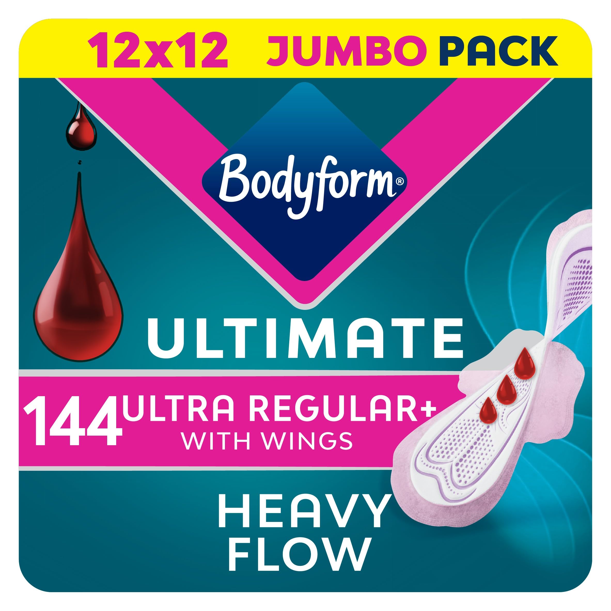 Bodyform Ultimate Ultra Regular Sanitary Towels Wings 144 Pack, Heavy Periods