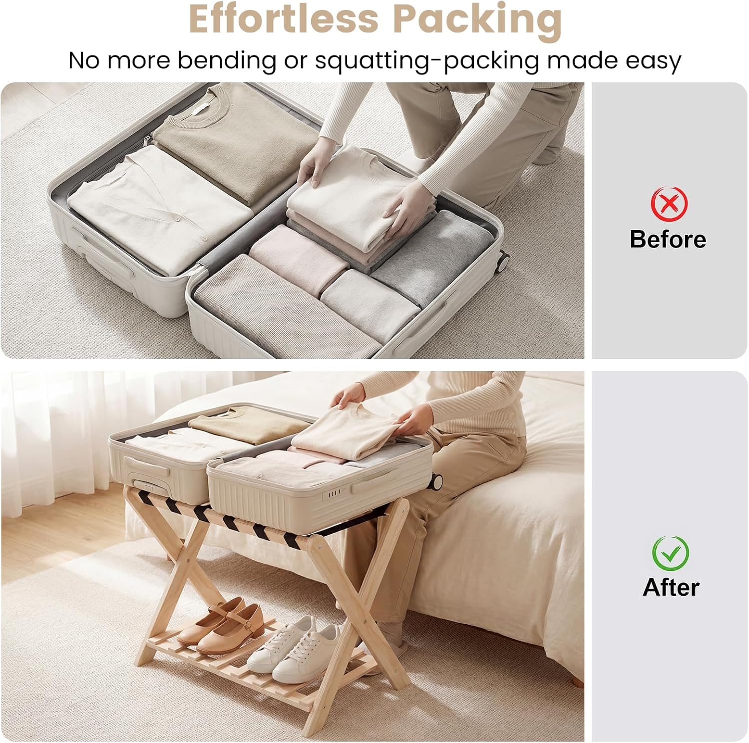 Luggage Rack Set of 2, Sturdy Wooden Luggage Rack for Guest Room, Folding Suitcase Stand with Storage Shelf, Luggage Stand with 6 Nylon Straps for Bedroom, Hotel
