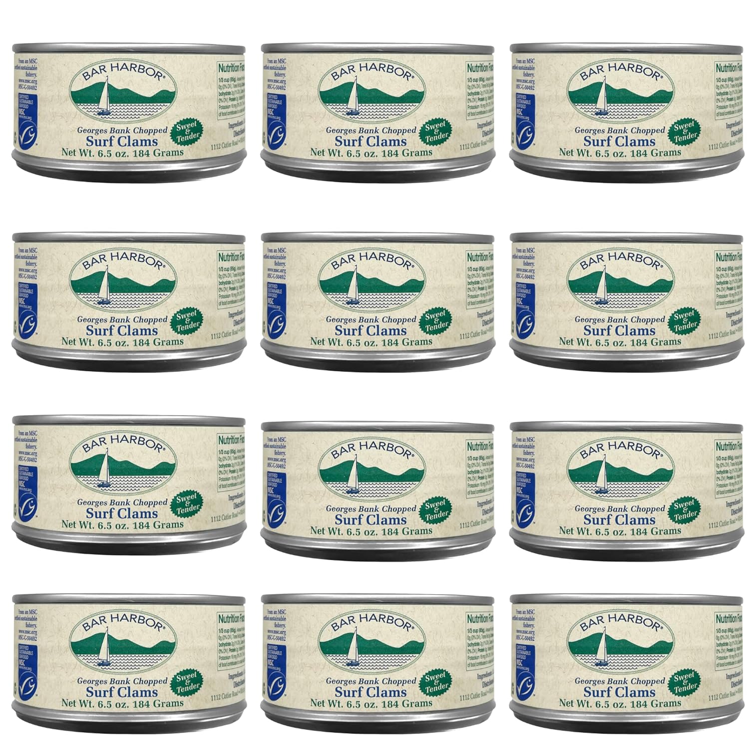 Bar Harbor Georges Bank Chopped Surf Clams, Sweet & Tender, 6.5 oz | Sustainably Sourced | No Artificial Preservatives or MSG [Pack of 12]