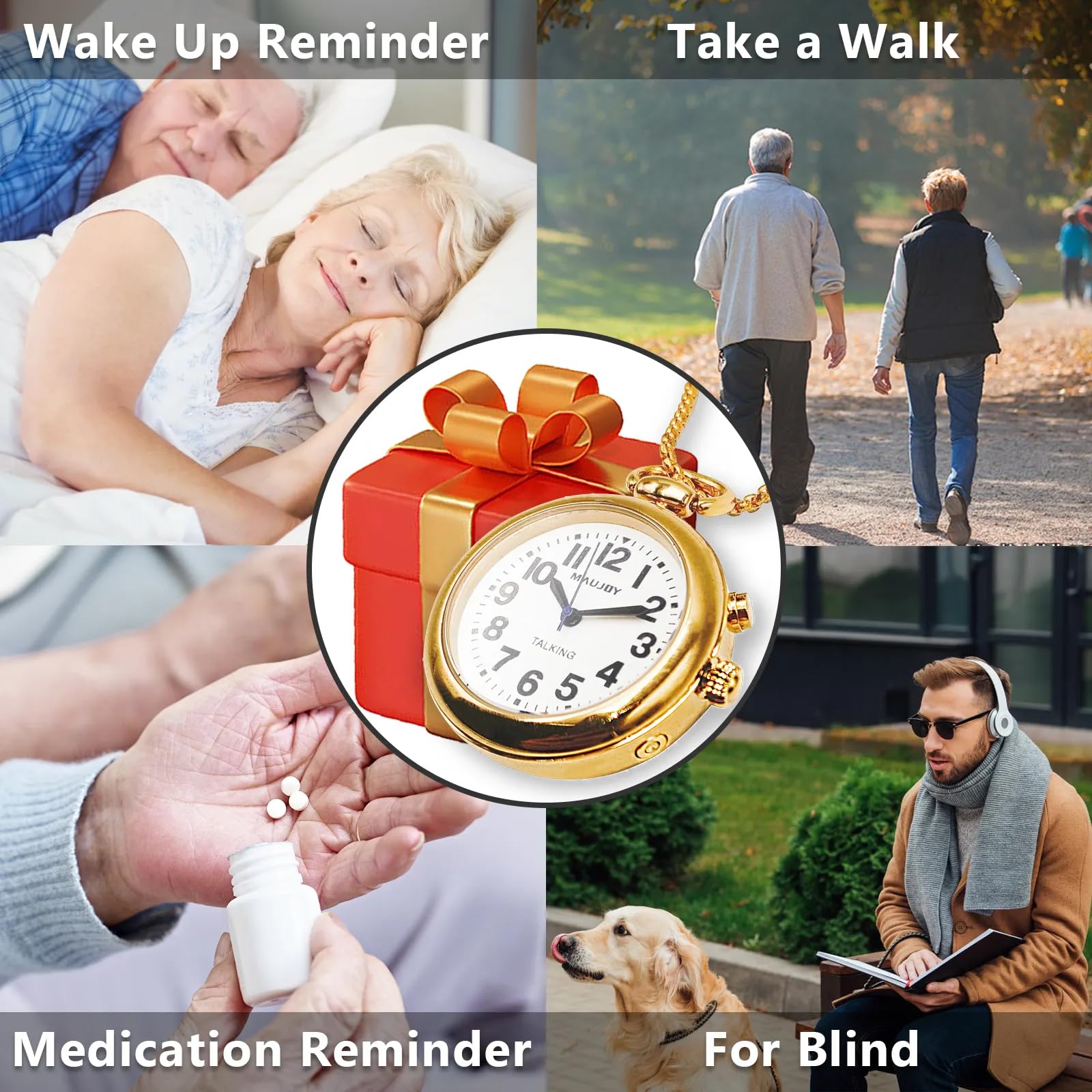 Sprechende Anhängeruhr mit großem Analog-Anzeige und kräftigen Zahlen, Anzeige von Uhrzeit, Datum und Tag oder Weckzeit, perfekt für Blinde, ältere Menschen oder Sehbehinderte, gold