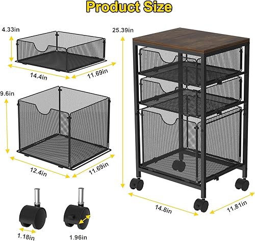 Miniatura 3 de Carro de archivos con 3 cajones de almacenamiento, organizador de carpetas colgantes de madera y malla con ruedas debajo del escritorio,
