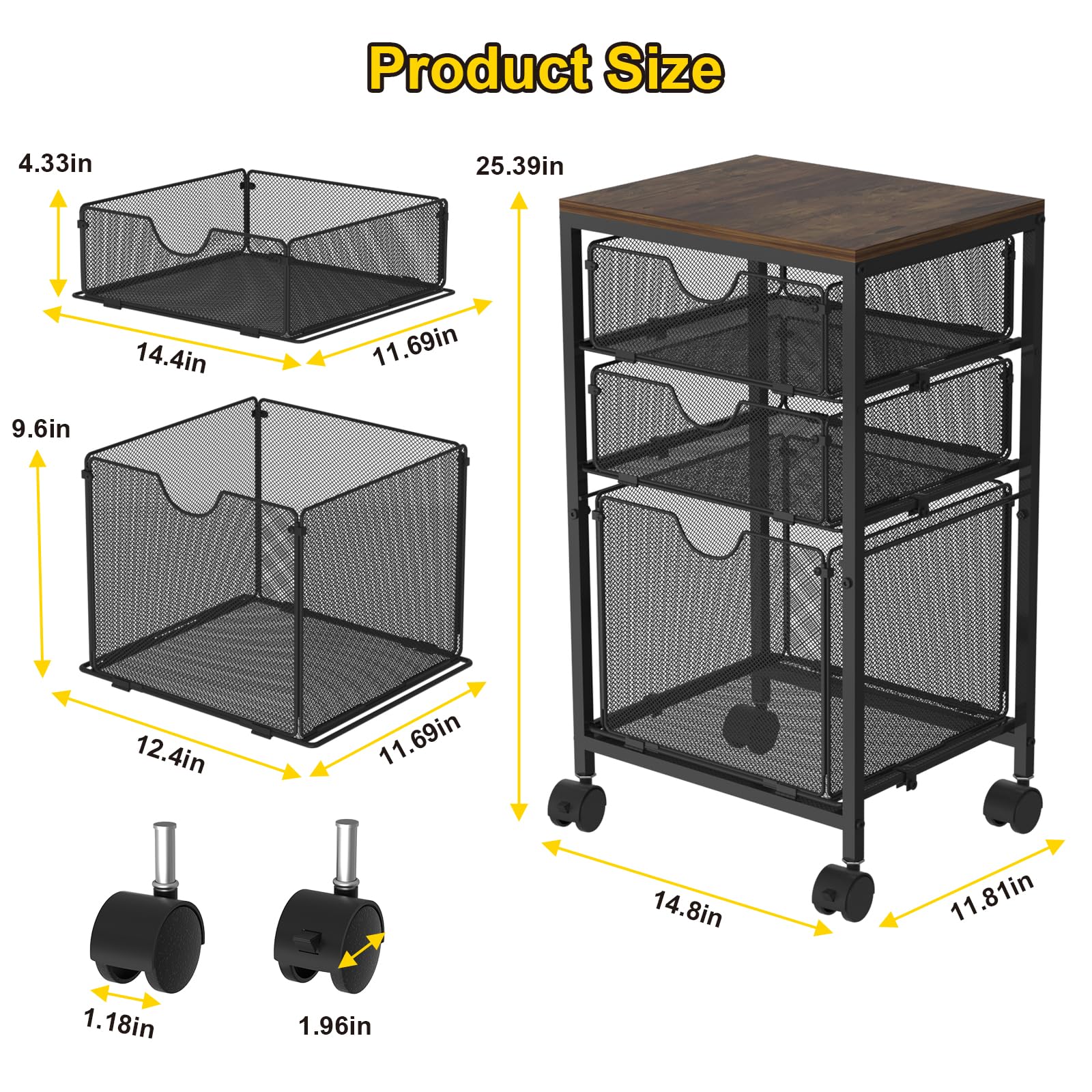 BOHDK Carrito de archivos rodante, carrito de archivos para almacenamiento debajo del escritorio, archivador móvil de madera y malla con 3 cajones deslizantes, para A4, carpetas de archivos colgantes