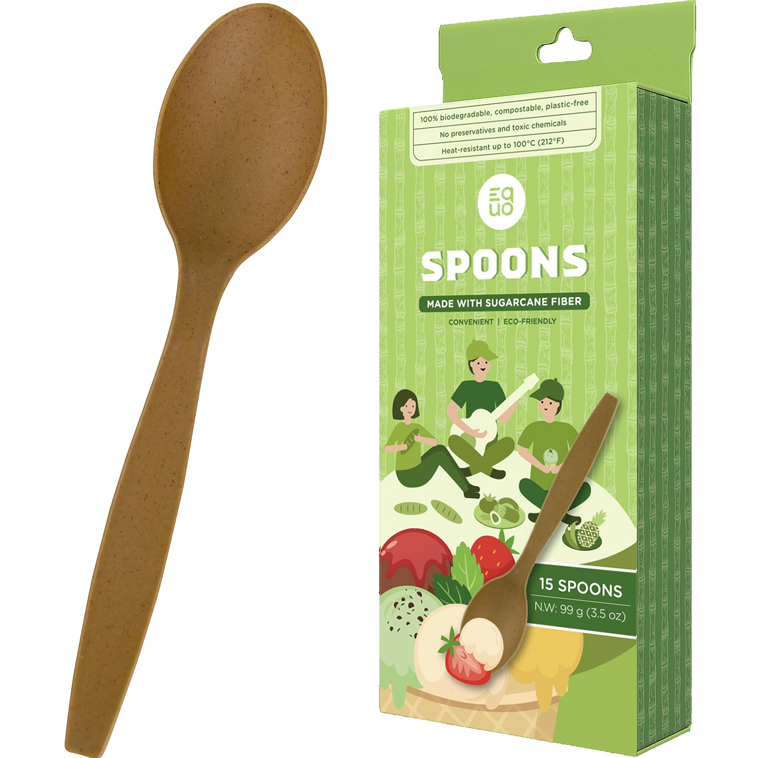 EQUO Sugarcane Disposable Spoons (Pack of 15) - Plastic-free, Home-compostable, Heat-safe Utensils for Parties, Events, Camping & More