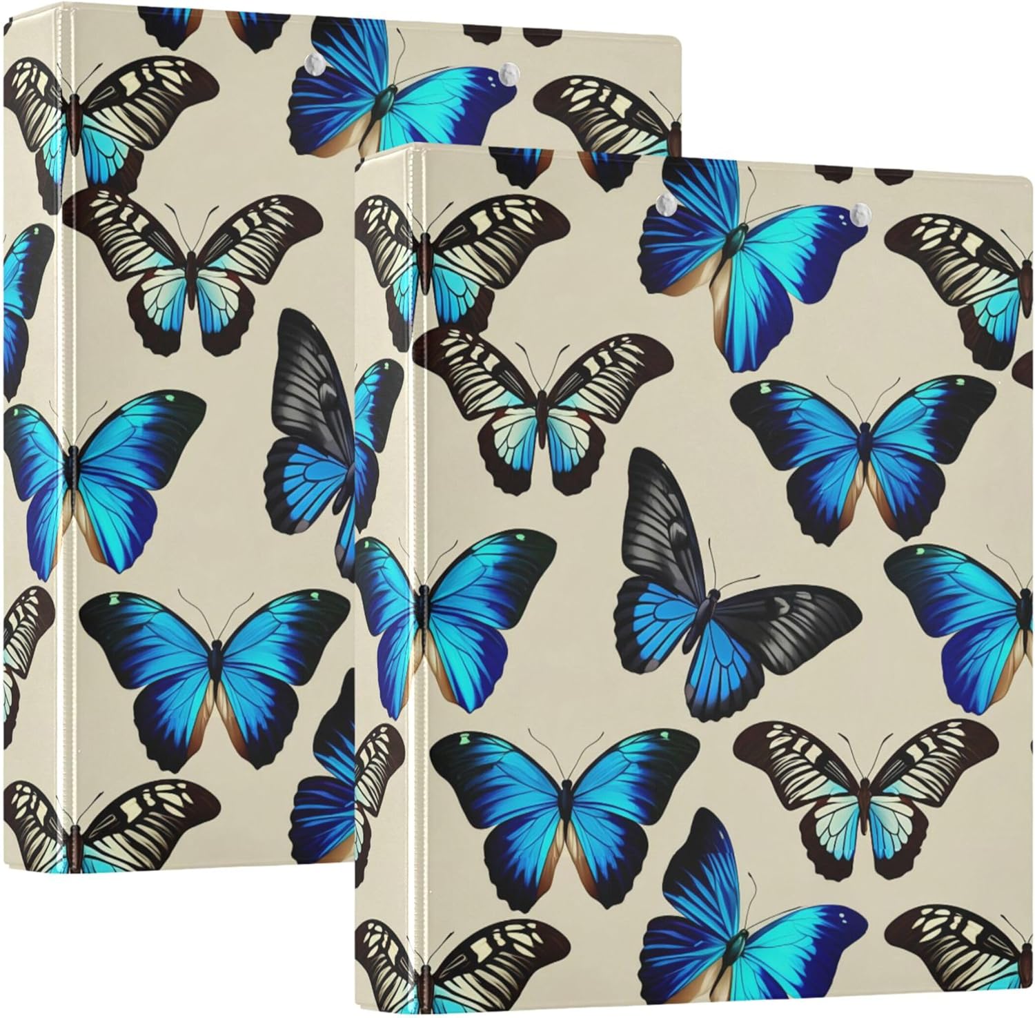 Blue and Black Butterfly 3 Ring Binders, 1.5” Round Ring Binders with Clipboard - Letter Size, 3 Interior PVC Clear Pockets & Anti-Slip Clip for Office School Supplies, 2PCS