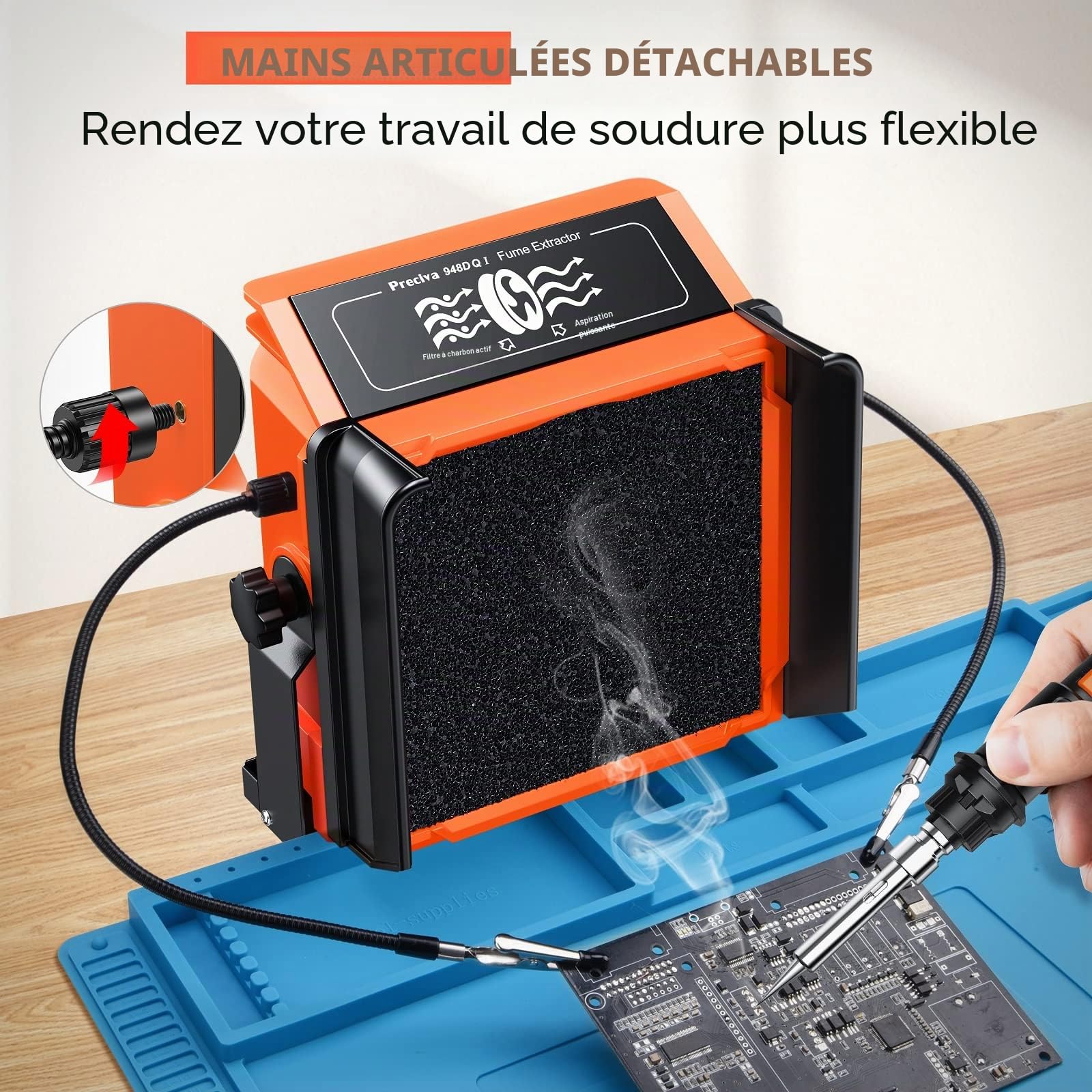 Extracteur de Fumée, Preciva Fer a Souder Etain avec 8 Filtres à Charbon Actif, 2 Clips Auxiliaires et 2 Déflecteurs, Puissance d'aspiration Exceptionnelle, Angle Réglable (French Plug)