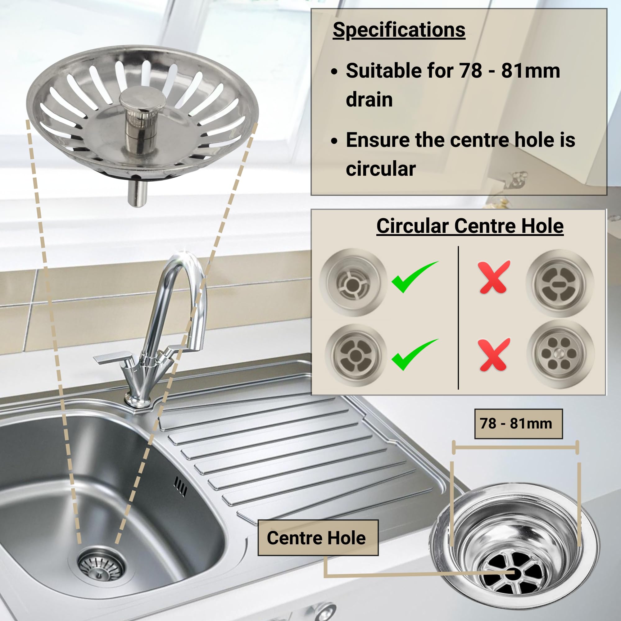 NOBLE SPARES Universal Kitchen Sink Plug & Strainer, Stainless Steel Dual Function with Rubber Seal, Drain Diameter 78-81mm (2) - Image 4