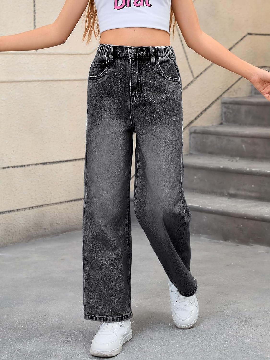 WDIRARA Girl's Bow Print Back Zipper Fly Elastic High Waist Denim Pants Basic Wide Leg Jeans - Image 2