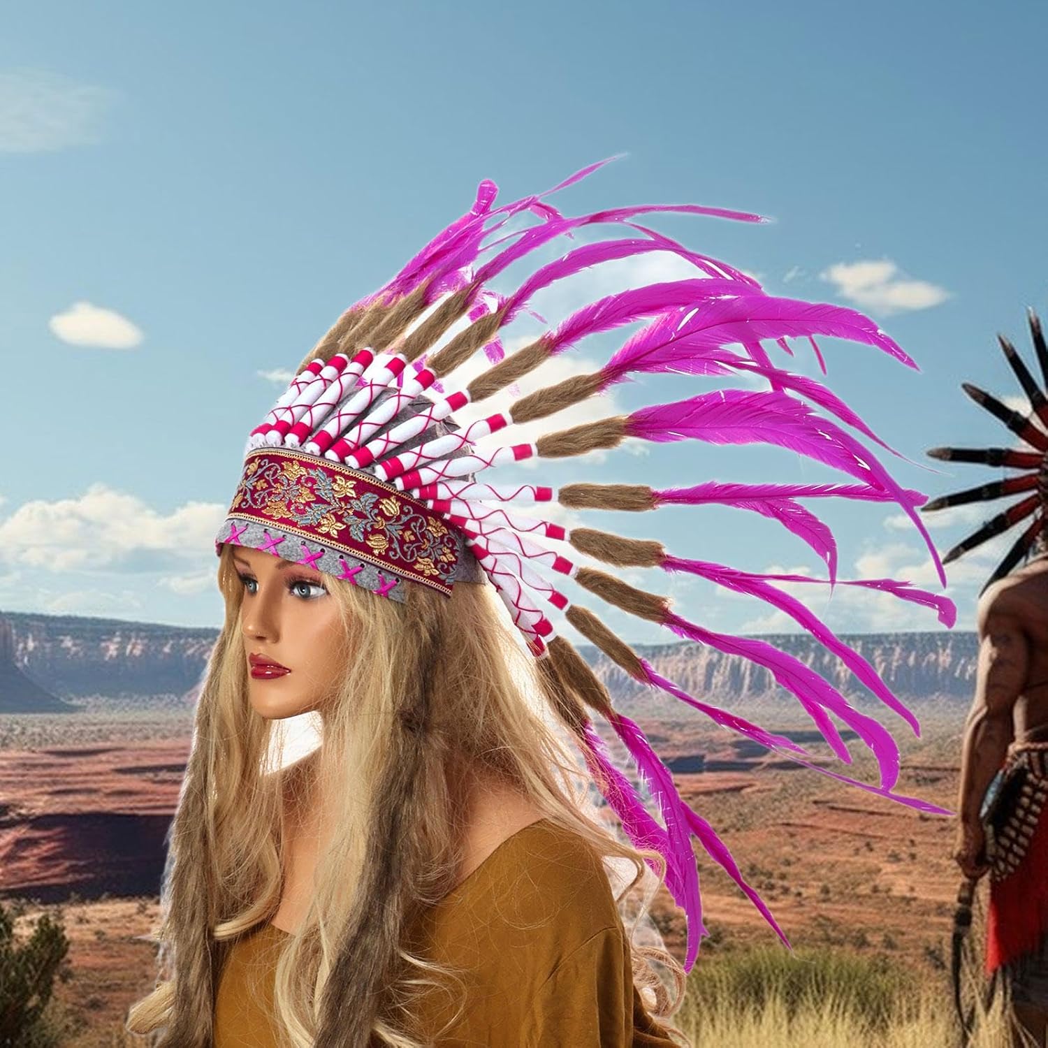 American Chief Indian Headpiece Men Women Feather Headdress for Stage Show Party